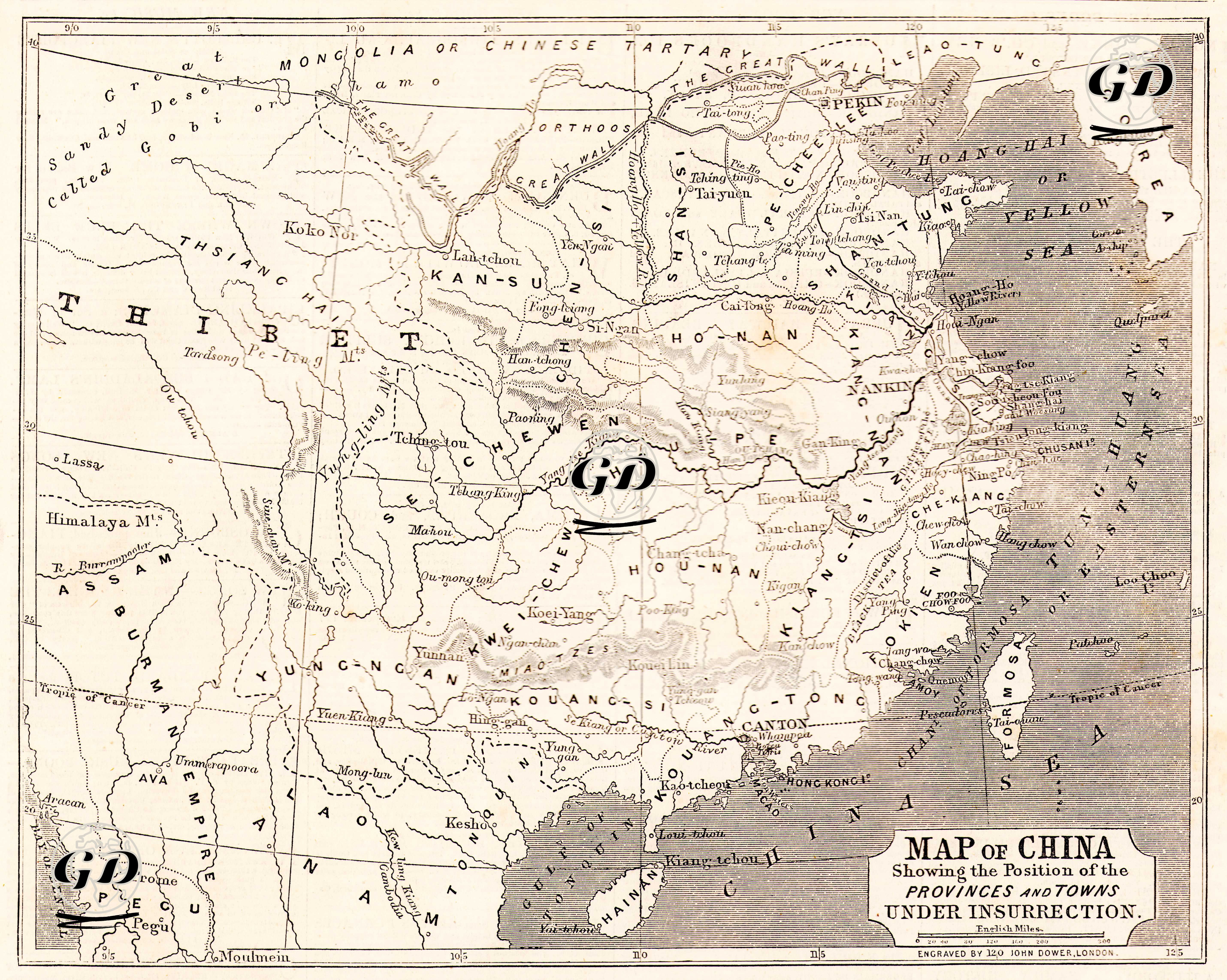 Map Of China Showing The Position Of The Provinces And Towns Under insurrection - John James Dower (1825-1901) - 1853