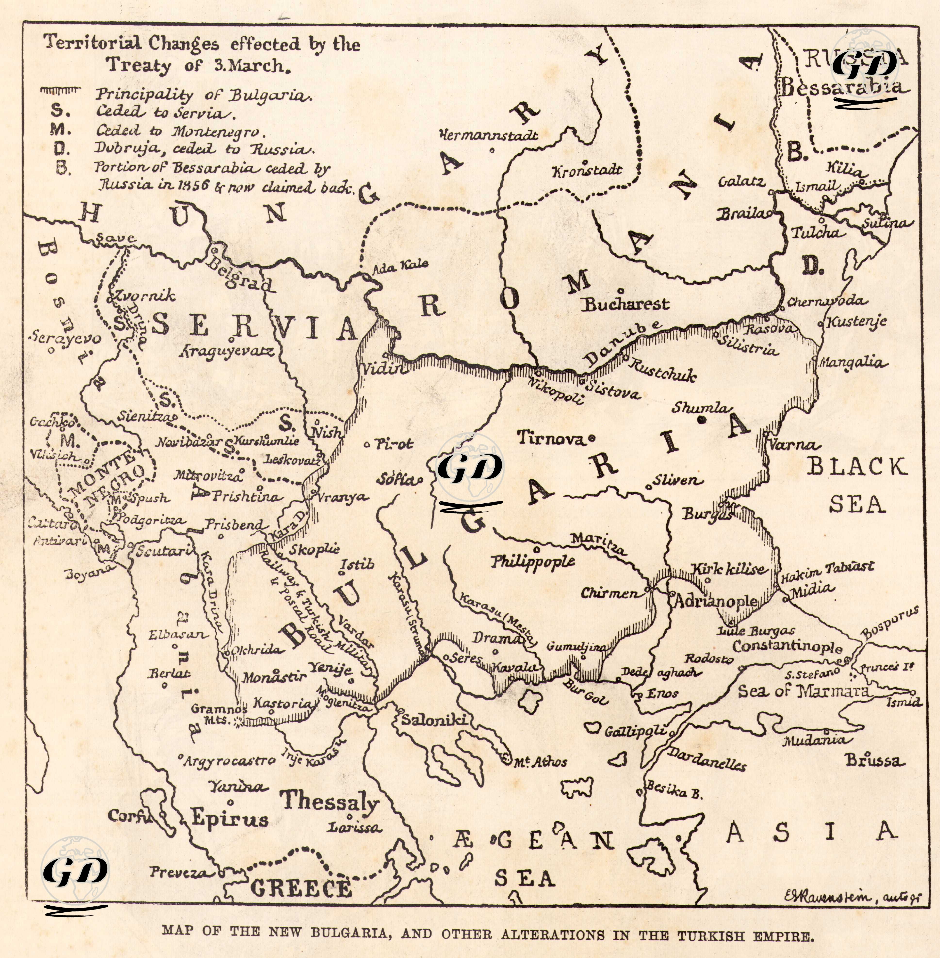 Map Of The New Bulgaria And Other Alterations in Turkish Empire, Territorial Changes Effected By The Treaty Of 3 March - Ernst George Ravenstein (1834-1913) - 1878