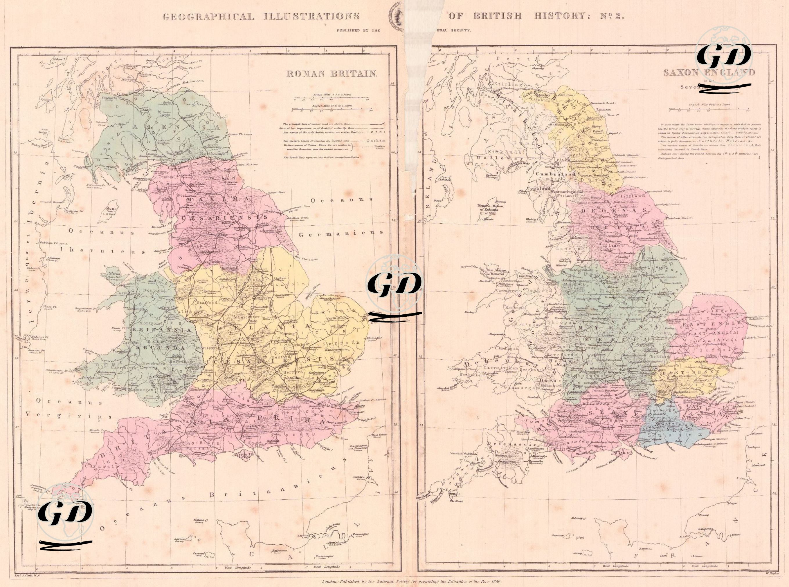 Roman Britain-Saxon England in the Seventh Century: Geographical illustrations of British History:No.2, Published by National Society - S.Clark - 1859