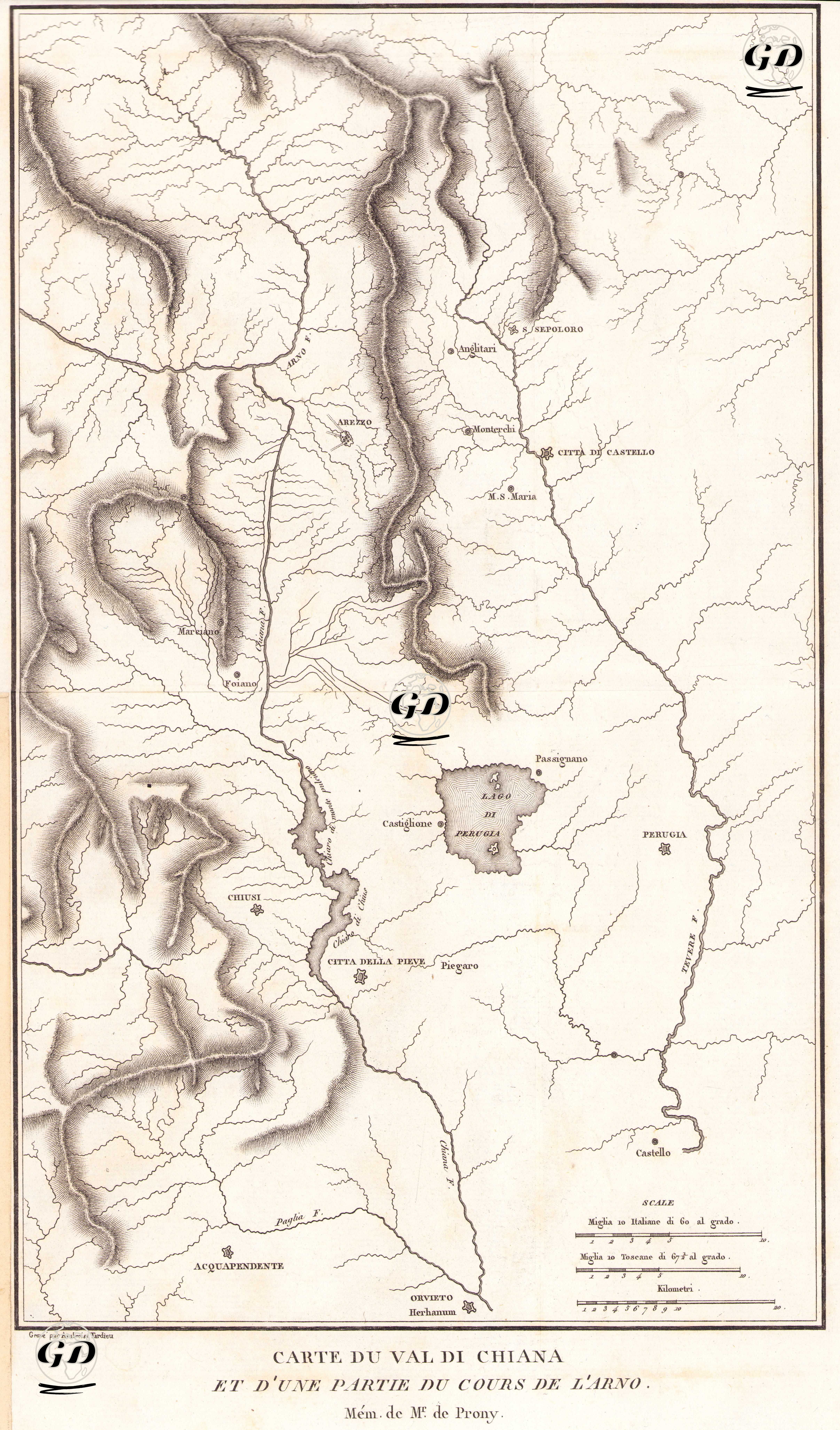 Carte Du Val Di Chiana Et D'Une Partie Du Cours De L'Arno (Map of Val di Chiana Valley and Part of the Course of the Arno) - Gaspard Clair François Marie Riche de Prony (1755-1839) - 1830`s