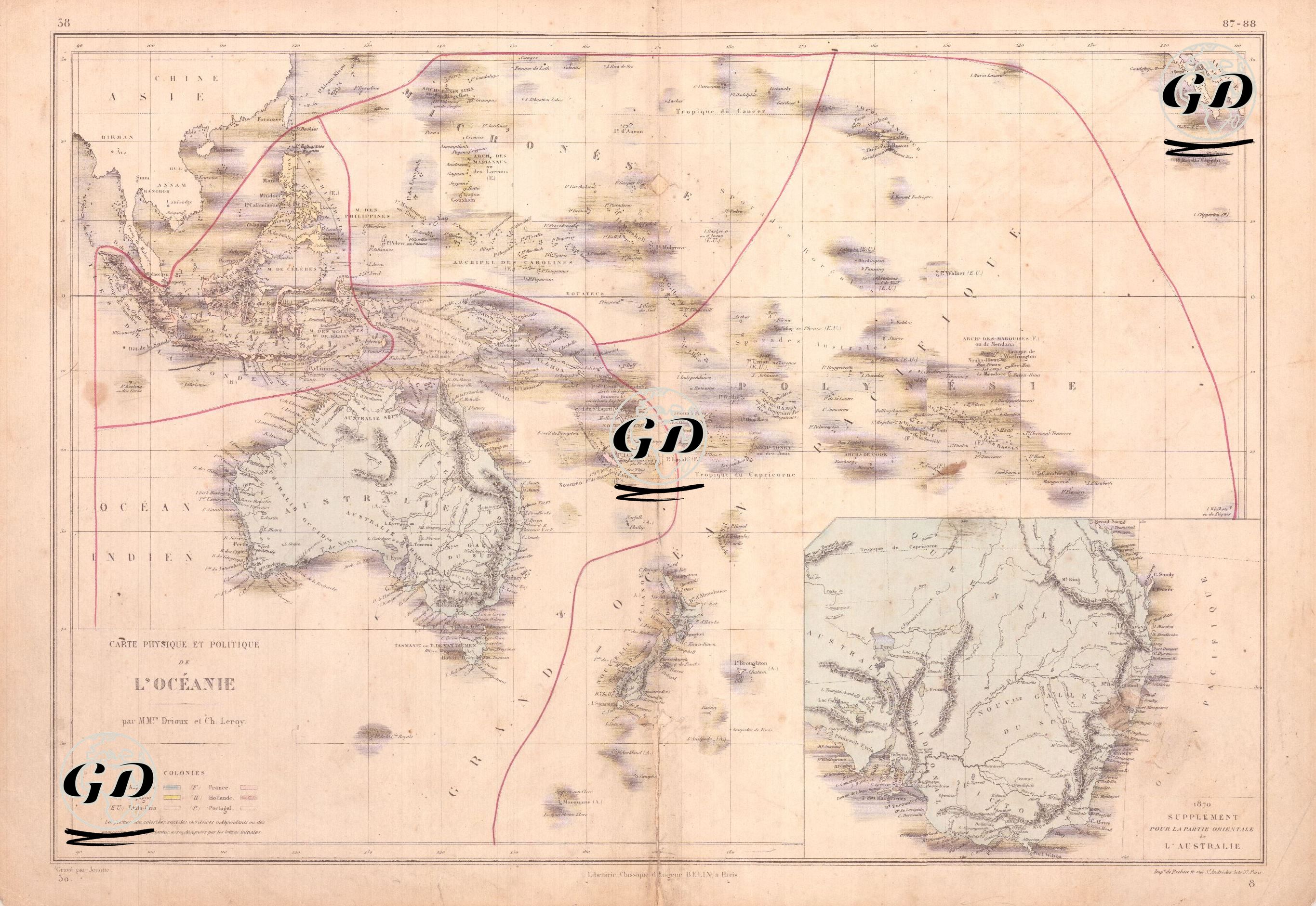Carte Physique et Politique De L`Oceanie (Physical and Political Map of the Oceania)-Pour La Partie Orientale de L`Australie (Map of the Eastern Part of Australia) - Claude Joseph Drioux (1820-1898)-Charles Leroy - 1870