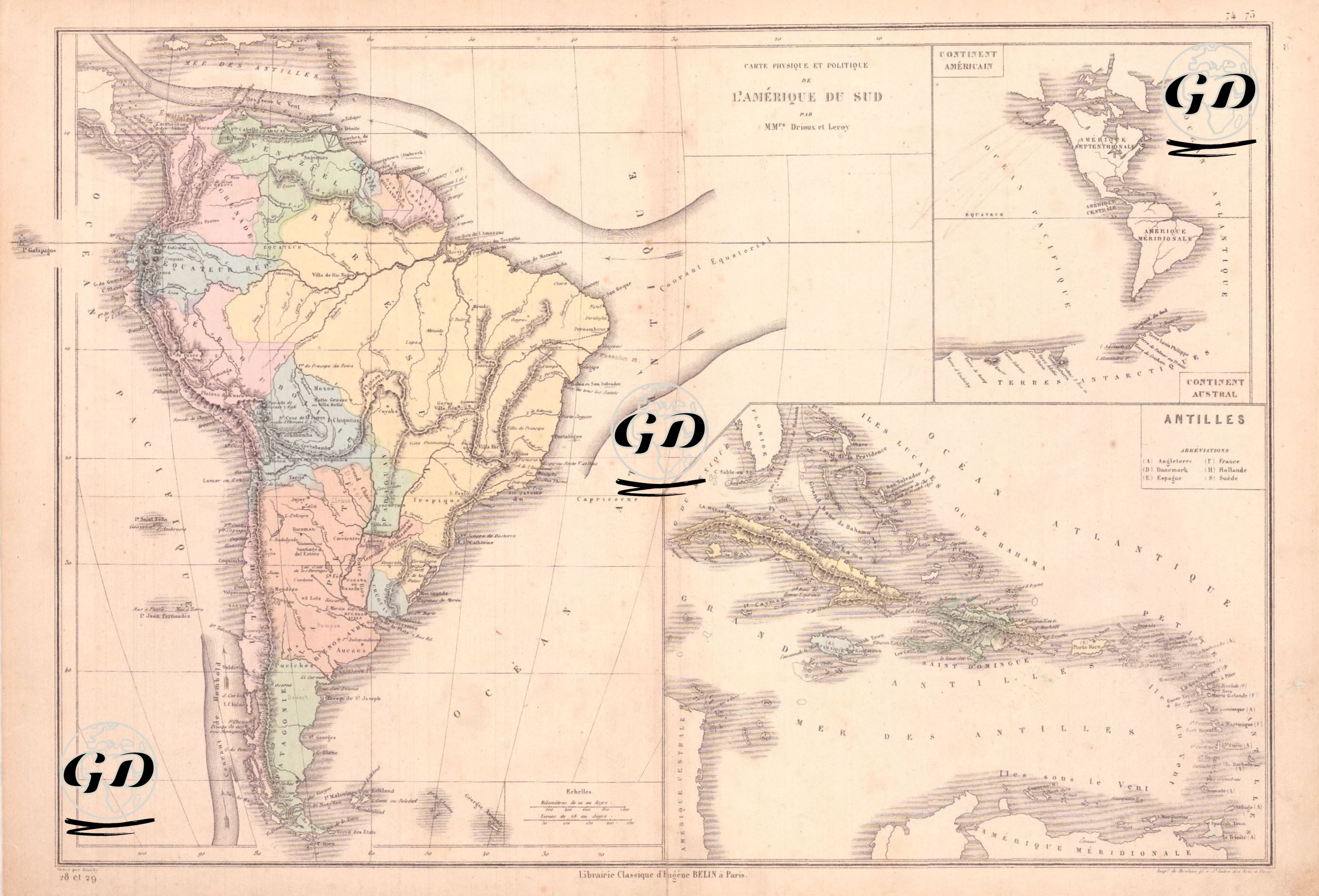 Carte Physique et Politique De L`Amérique Du Sud (Physical and Political Map of South America)-Continent Américain-Antilles - Claude Joseph Drioux (1820-1898)-Charles Leroy - 1872