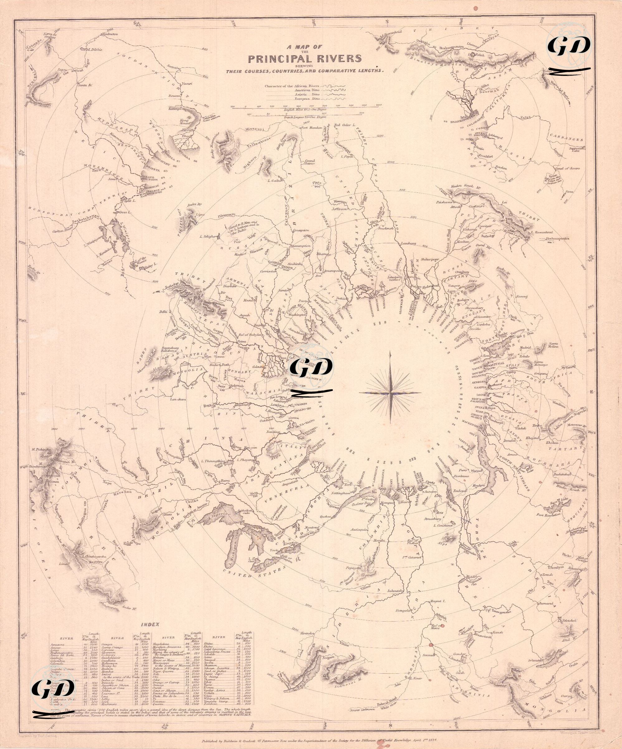 A Map Of The Principal Rivers Shewing Their Courses, Countries And Comparative Lengths -  - 1834
