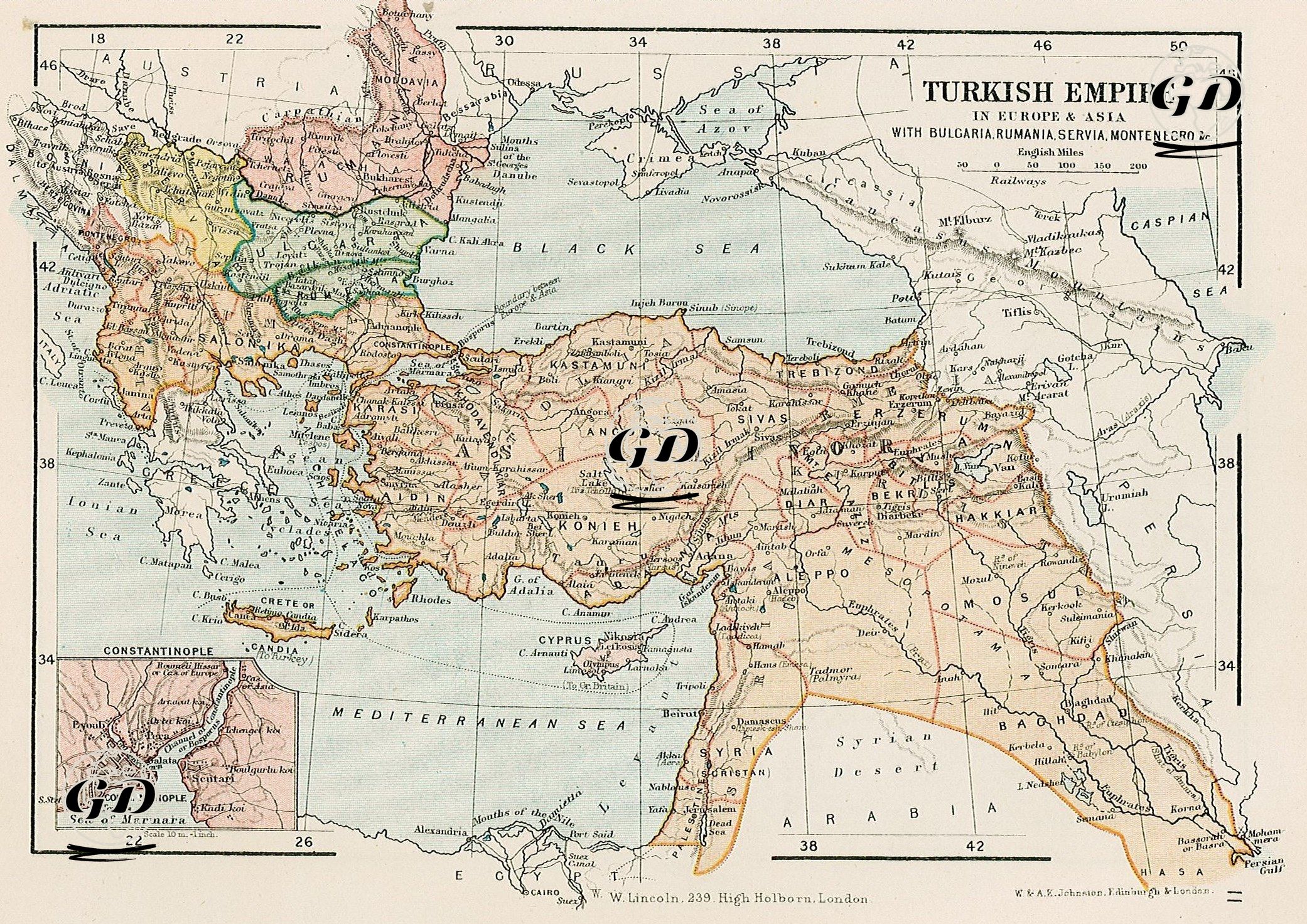 Turkish Empire in Europe & Asia With Bulgaria, Rumania, Servia, Montenegro-Constantinople -  - 1899