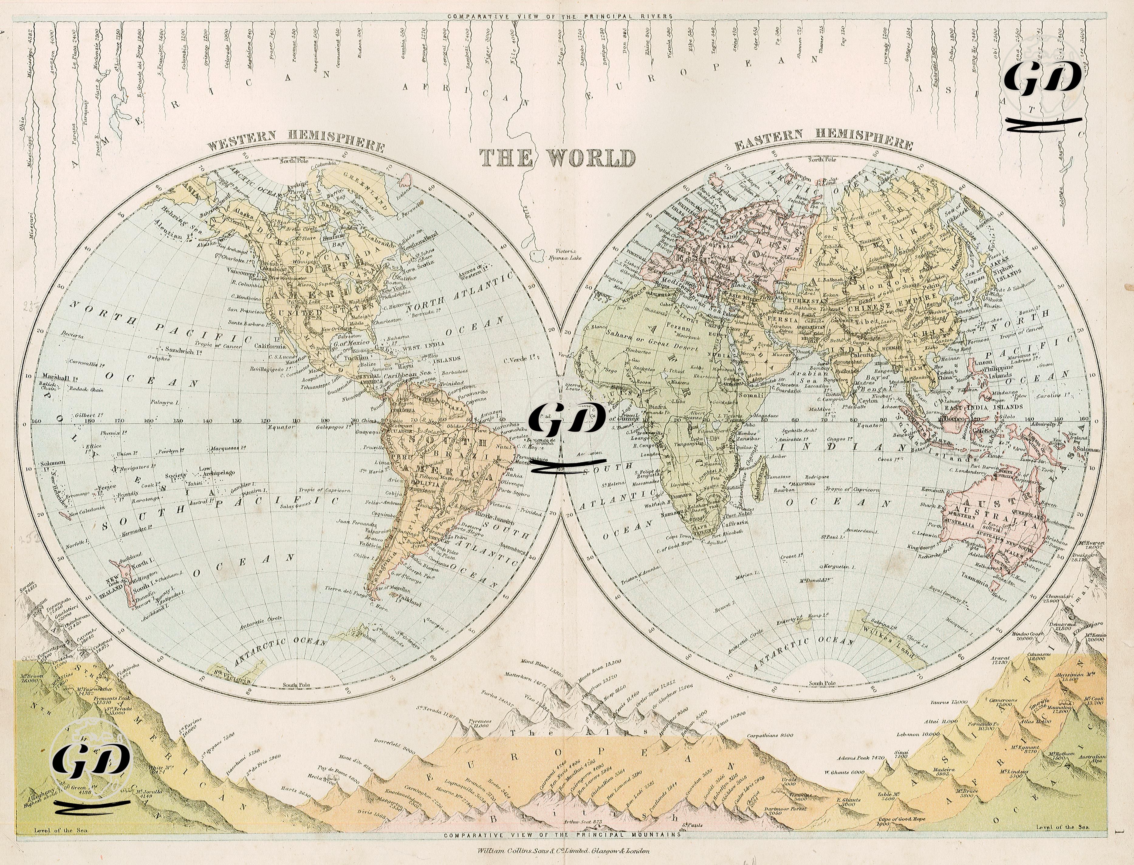 The World-Western Hemisphere and Eastern Hemisphere-Comparative View Of The Principal Rivers-Comparative View Of The Principal Mountains -  - 1878