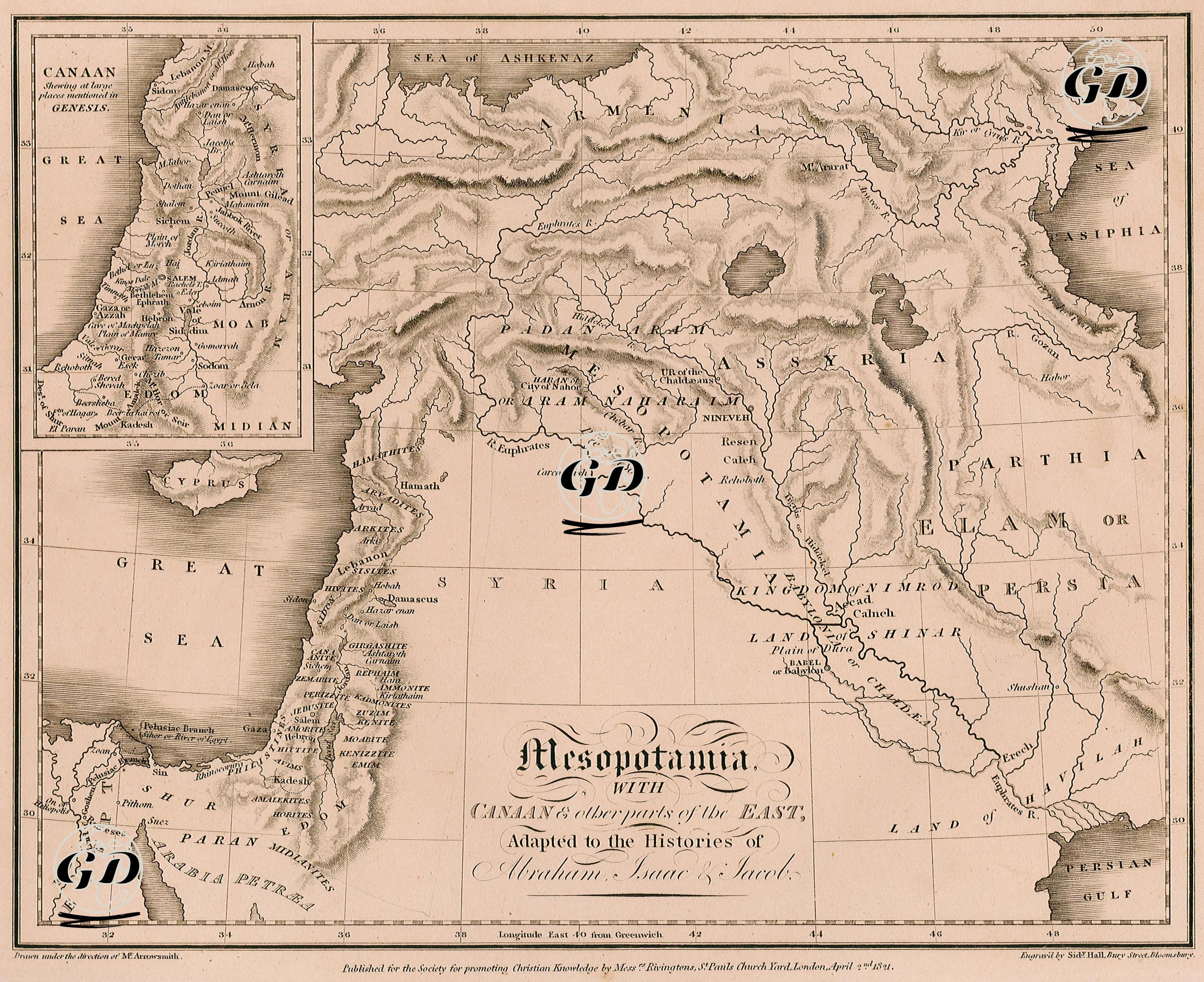 Mesopotamia, With Canaan & Other Parts Of The East, Adapted To The Histories Of Abraham, İsaac & Jacobs - Canaan, Shewing At Large Places Mentioned In Genesis - Aaron Arrowsmith (1750-1823) - 1821