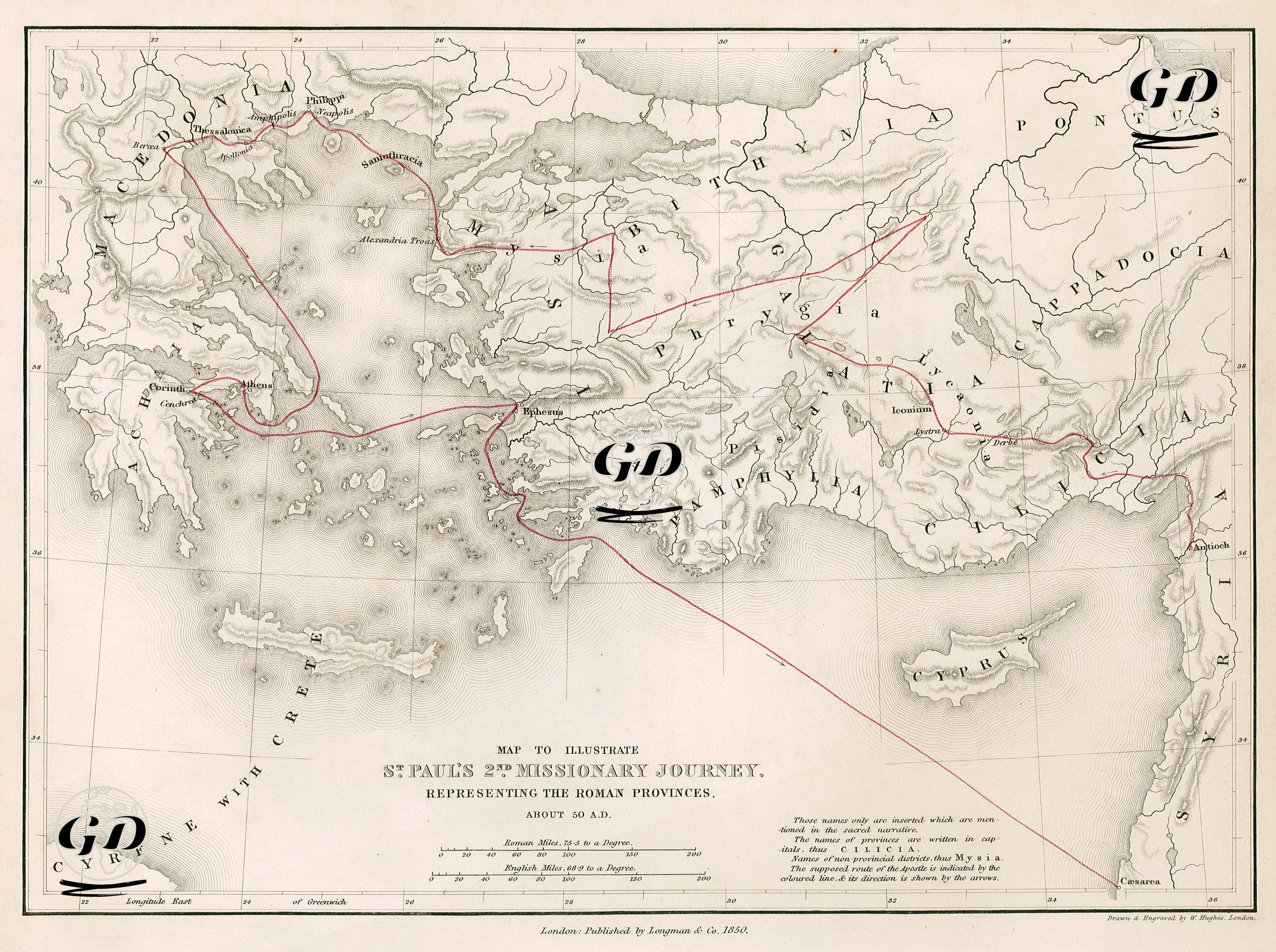 Map To İllustrate St. Paul's 2nd Missionary Journey Representing The Roman Provinces About 50 A.D. - William Hughes (1818-1876) - 1850