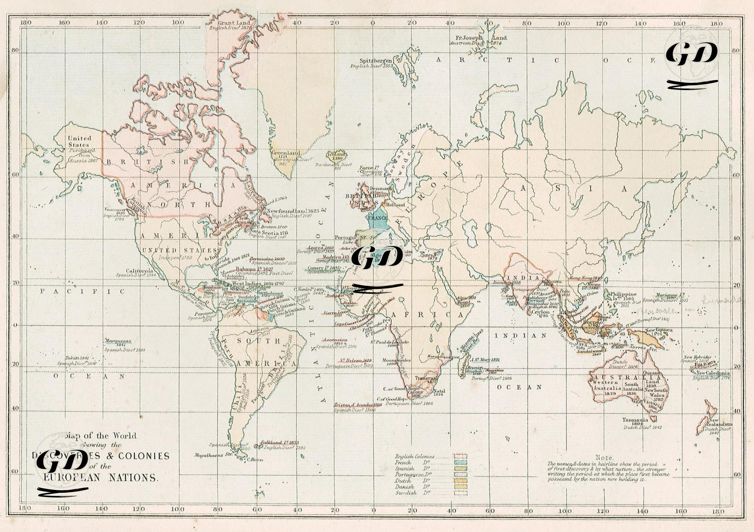Map of the World, Showing the Discoveries & Colonies of the European Nations -  - 1878
