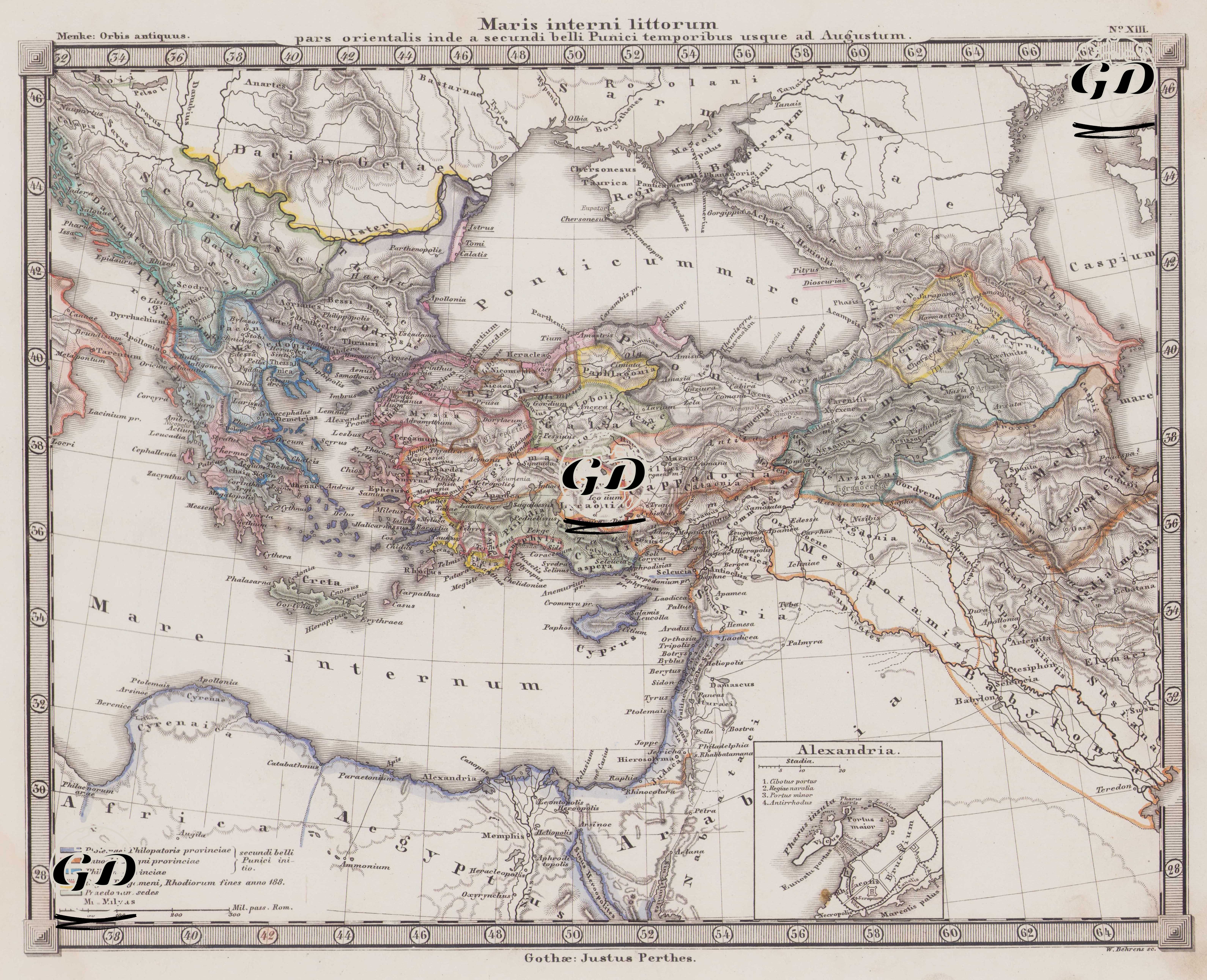 Maris Interni Littorum, Pars Orientalis Inde a Secundi Belli Punici Temporibus Usque Ad. Augustum (The Coasts of the Inner Sea, Eastern Part From the Second Punic War (218 BC) to the Augustan Era (14 AD)) - Alexandria and the Nile Delta - Heinrich Theodor Menke (1819-1892) - 1866