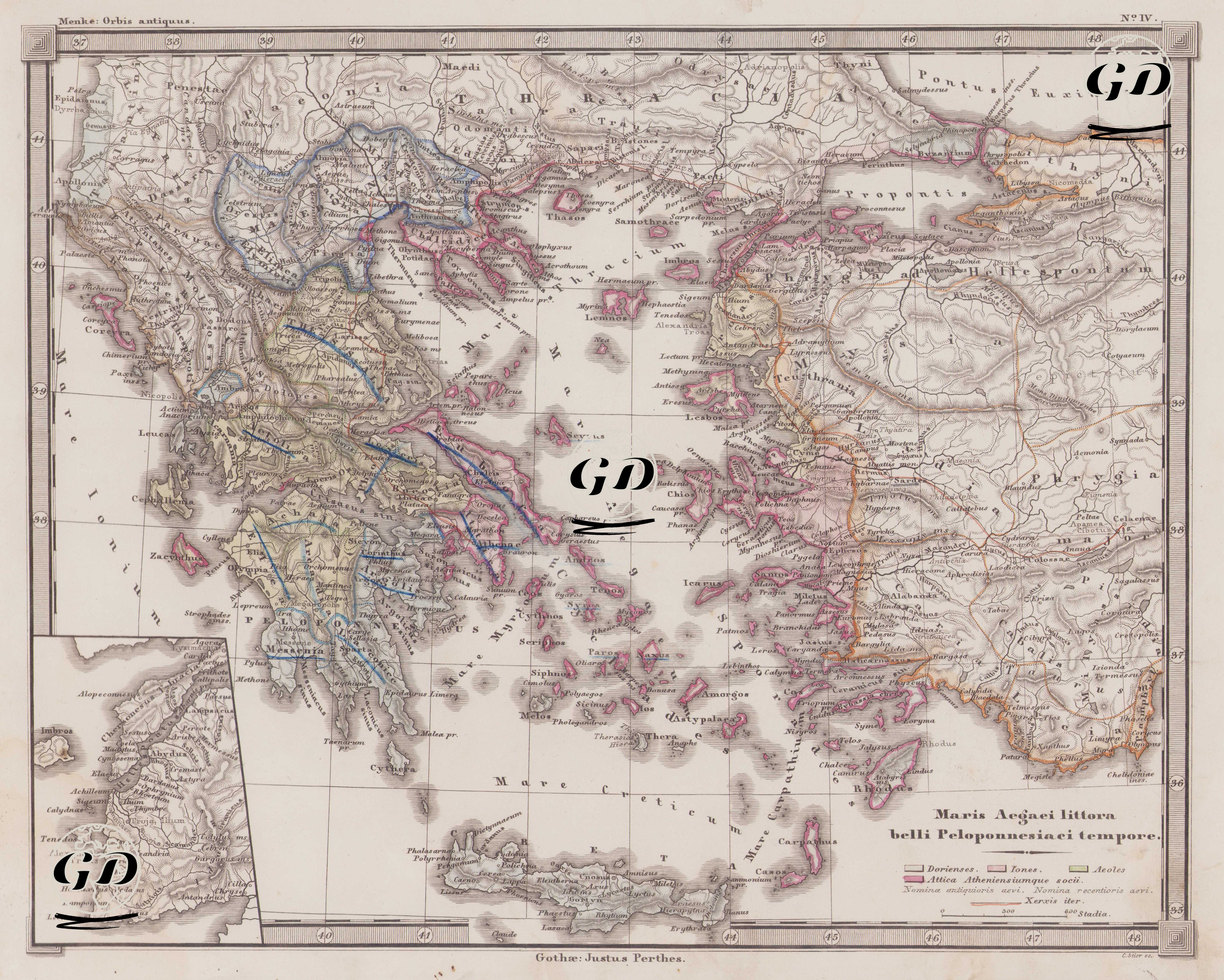 Maris Aegaei Littora Belli Peloponnesiaci Tempore (The Aegean Coast During the Peloponnesian War (431–404 BC) Between the Delian League Led by 
Athens and the Peloponnesian League led by Sparta) - Helle Pontus (Dardanelles Strait) - Heinrich Theodor Menke (1819-1892) - 1866