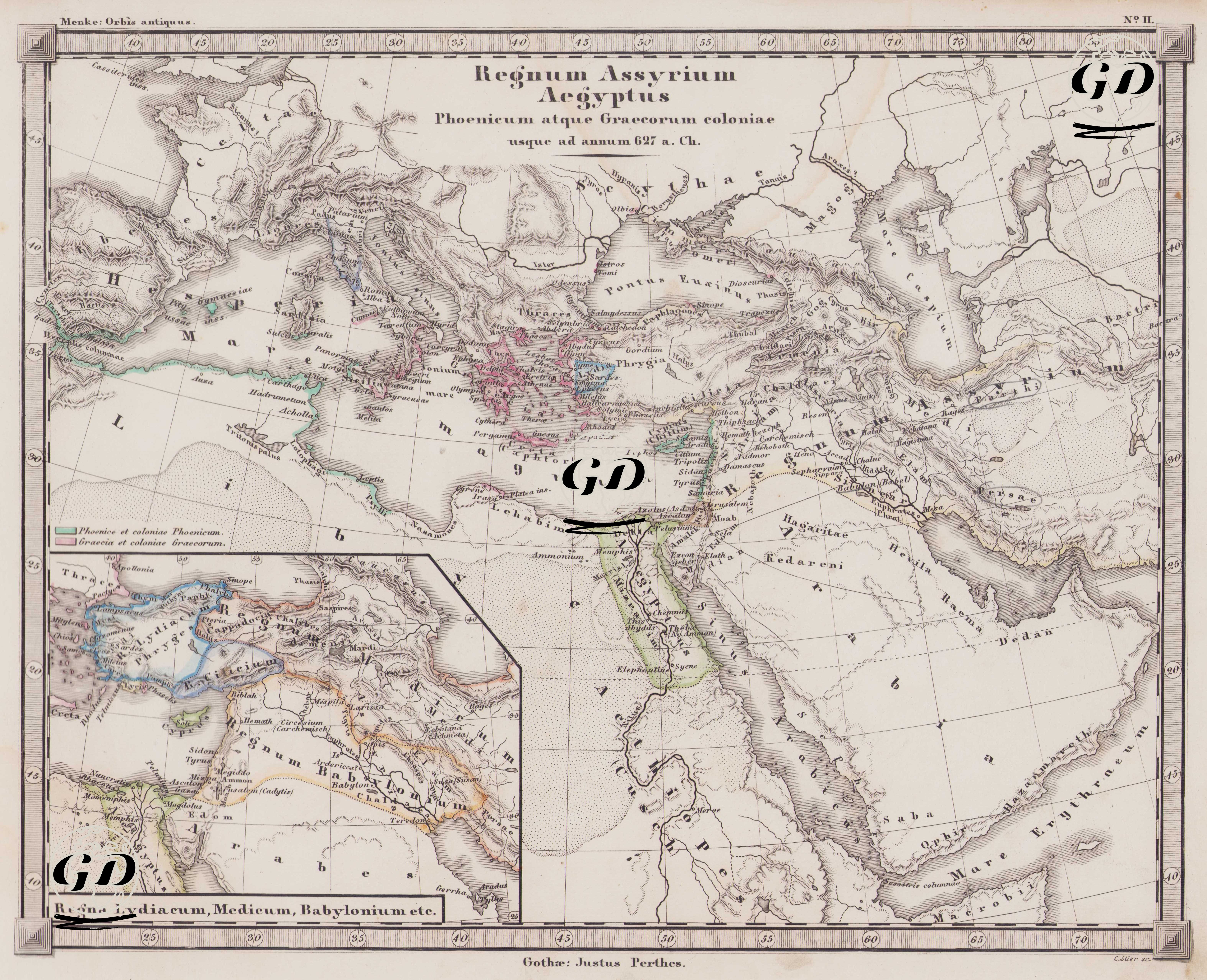 Regnum Assyrium, Aegyptus et Phoenicum Atque Graecorum Coloniae Usque ad Annum 627 a.Ch. (The Assyrian Kingdom, Egypt and Phoenicia and 
Greek Colonies Until the Year 627 BC) - Regna Lydiacum, Medieum, Babylonium etc. (The Kingdoms of Lydia, Media, Babylonia, etc.) - Heinrich Theodor Menke (1819-1892) - 1866