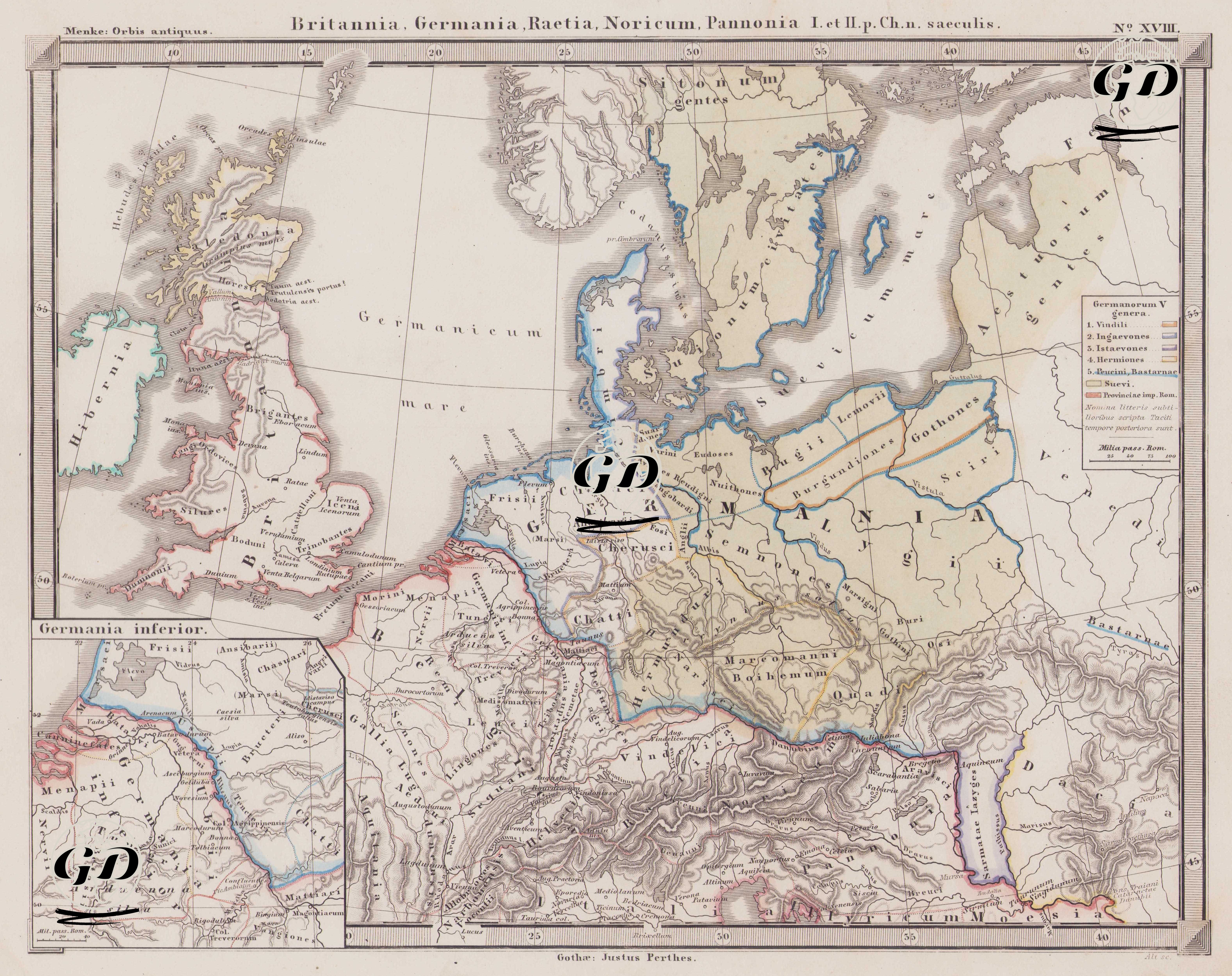 Britannia, Germania, Raetia, Noricum, Pannonia I. et II. p. Ch. n. Saeculis (The Borders of the Roman Empire in the 1st and 2nd Centuries AD and the Settlements of the Germanic Tribes (Britain, Germania, Raetia, Noricum and Pannonia) - Heinrich Theodor Menke (1819-1892) - 1866