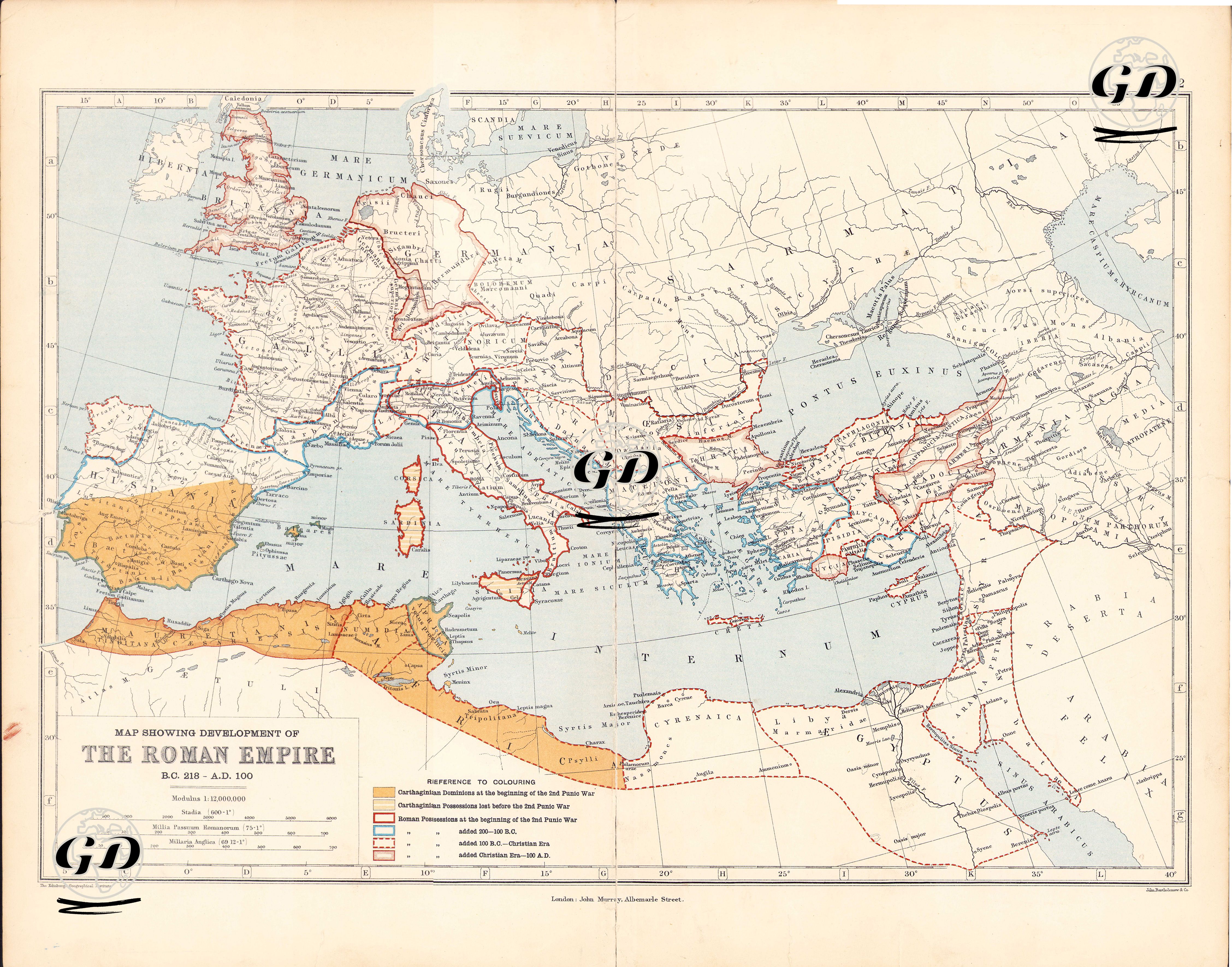 Map Showing Development Of The Roman Empire (B.C. 218-A.D.100) -  - 1890's