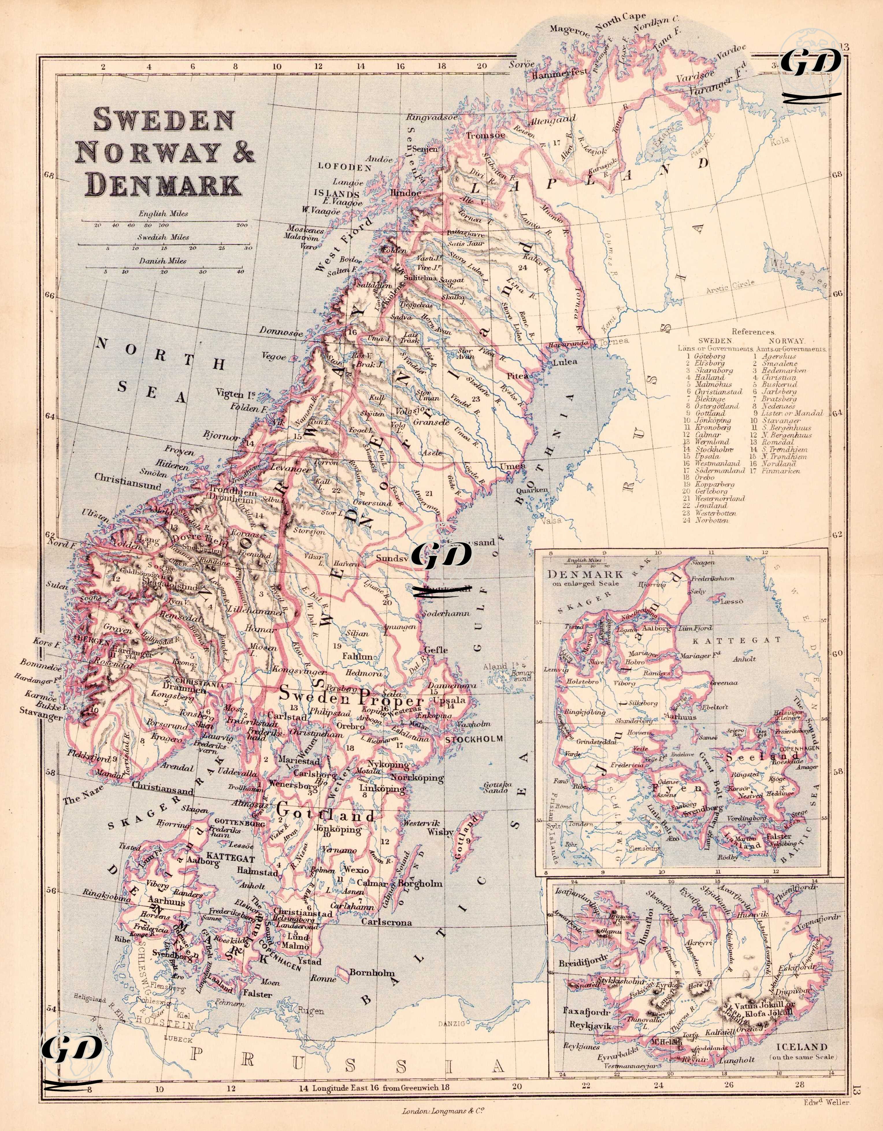 Sweden, Norway & Denmark - Denmark (on Enlarged Scale) and Iceland (on the Same Scale) -  - 1874