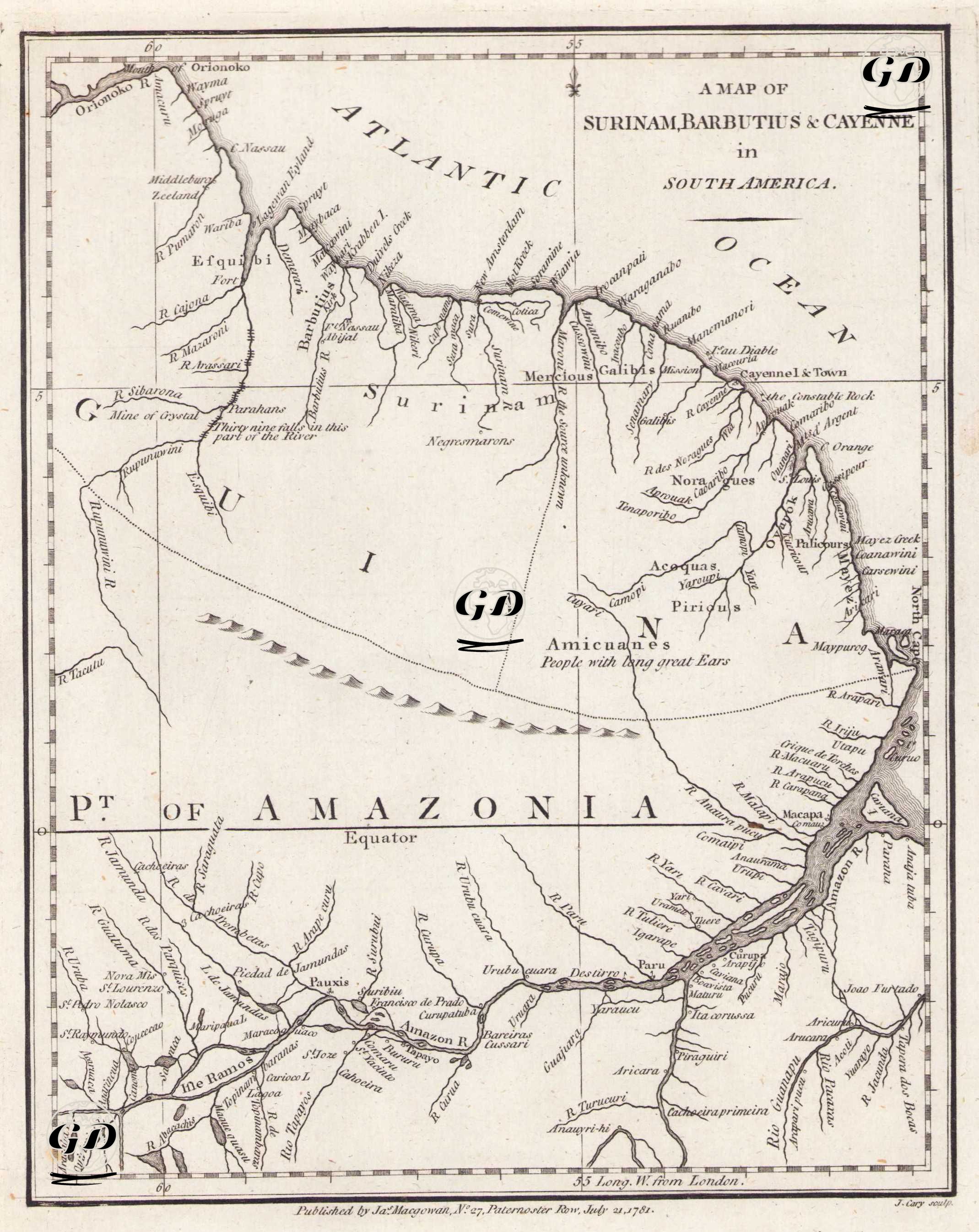 A Map of Surinam, Barbutius & Cayenne in South America - John Cary (1754-1835) - 1781