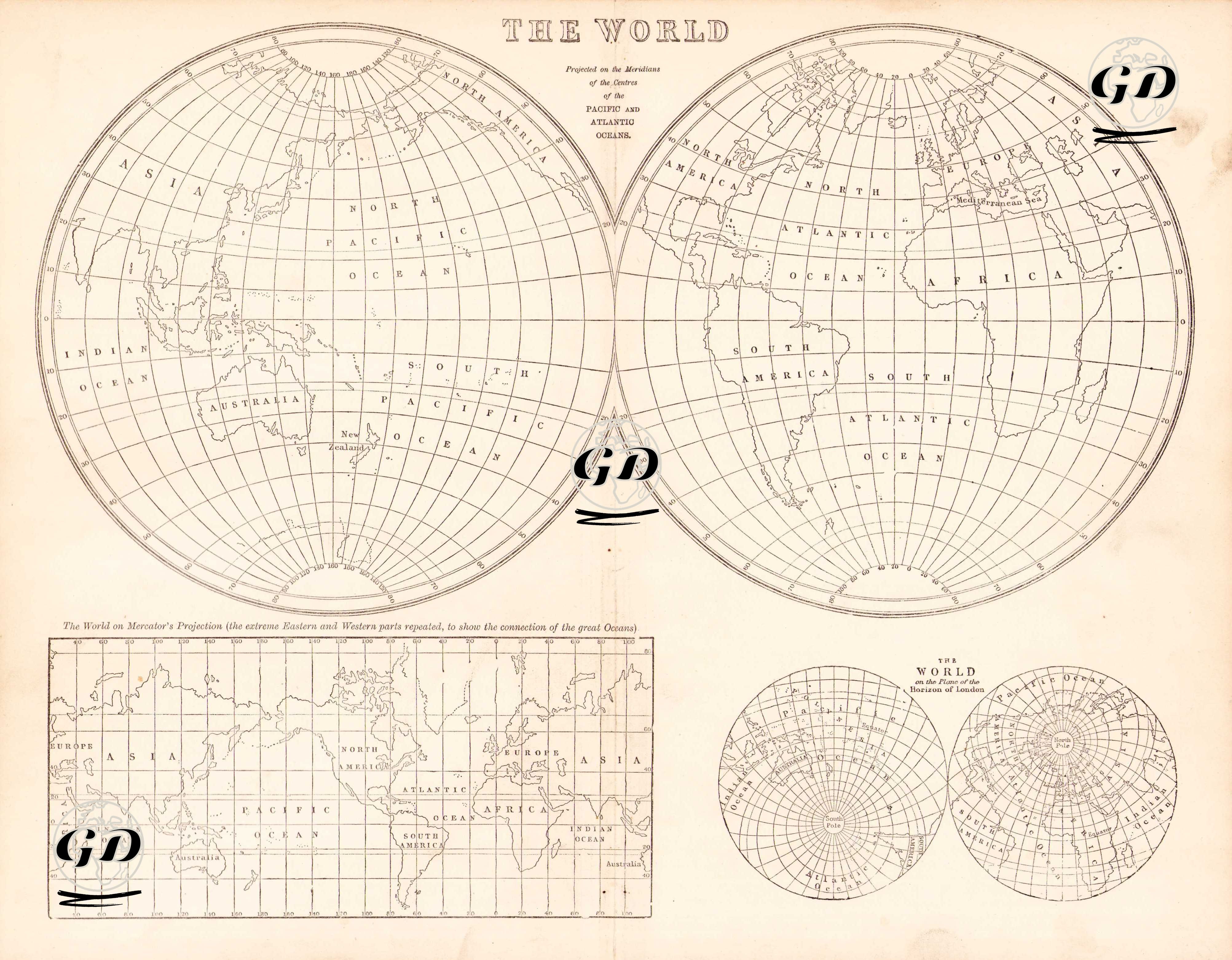 The World, The Projected on the Meridians of the Pacific and Atlantic Oceans -  - 1874