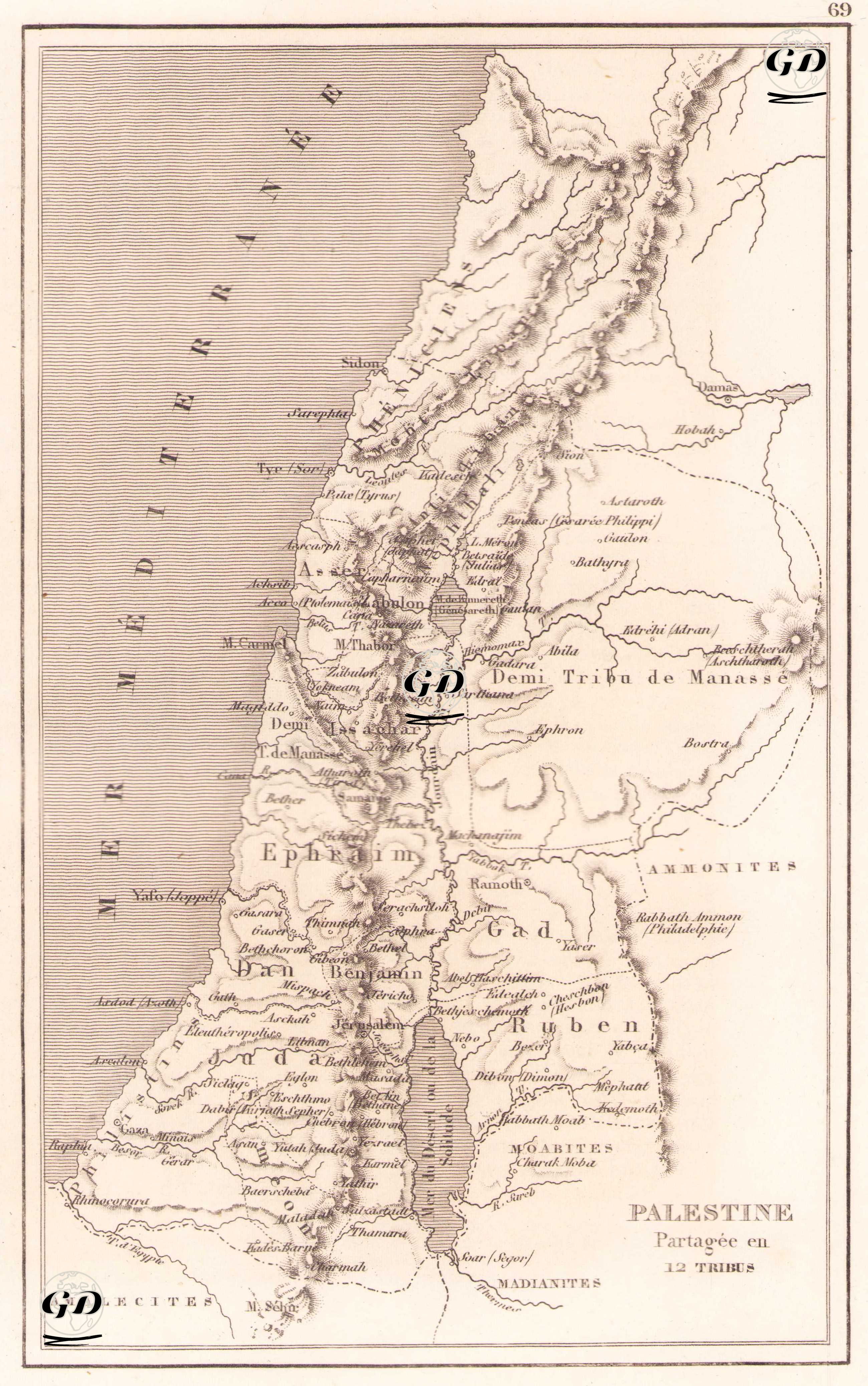 Palestine, Partagée en 12 Tribus (Palestine Divided into 12 Tribes) - Salomon Munk (1803-1867) - 1845
