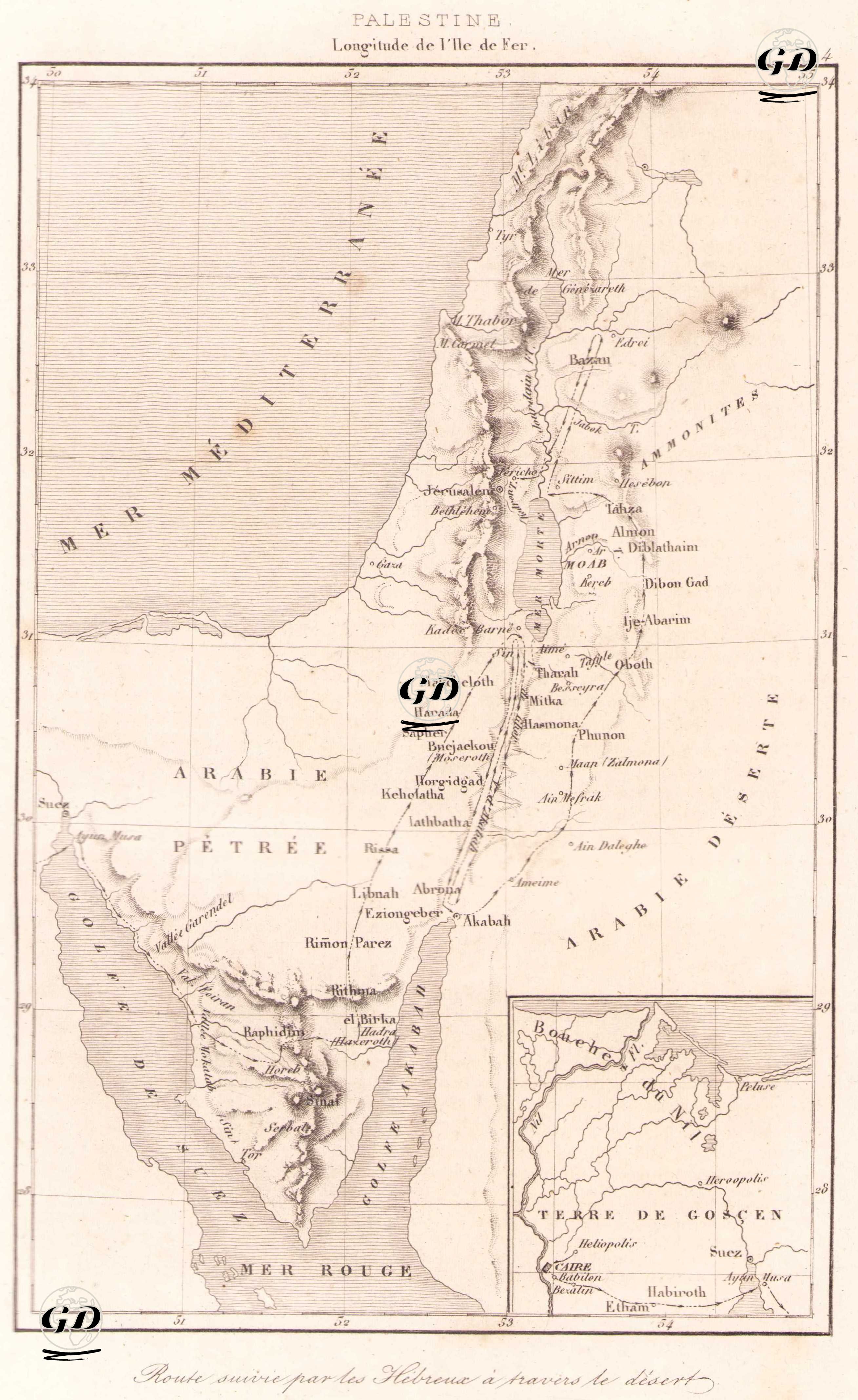Palestine, Route Suivie par les Hebreux a Travers le Desert (Palestine, Route Followed by the Hebrews Across the Desert) - Terre de Gosçen (the land of 
Goshen) - Salomon Munk (1803-1867) - 1845