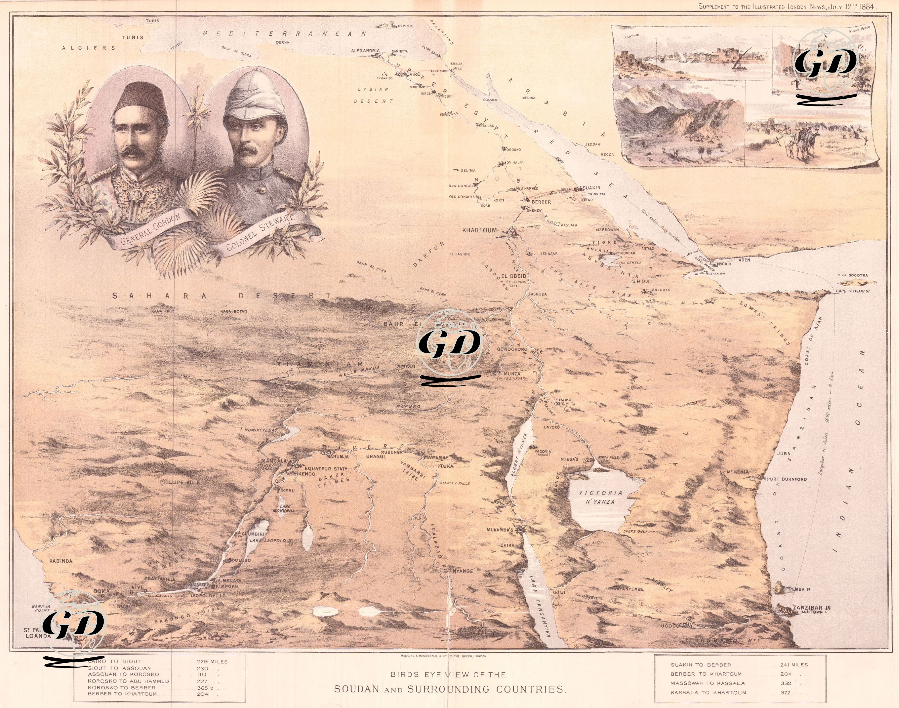 Bird’s Eye View of the Soudan and Surrounding Countries - General Charles Gordon and Colonel Herbert Stewart - Khartoum, Mudir's Palace, The Defile 
of Karaza Kordofan, El Obeid -  - 1884