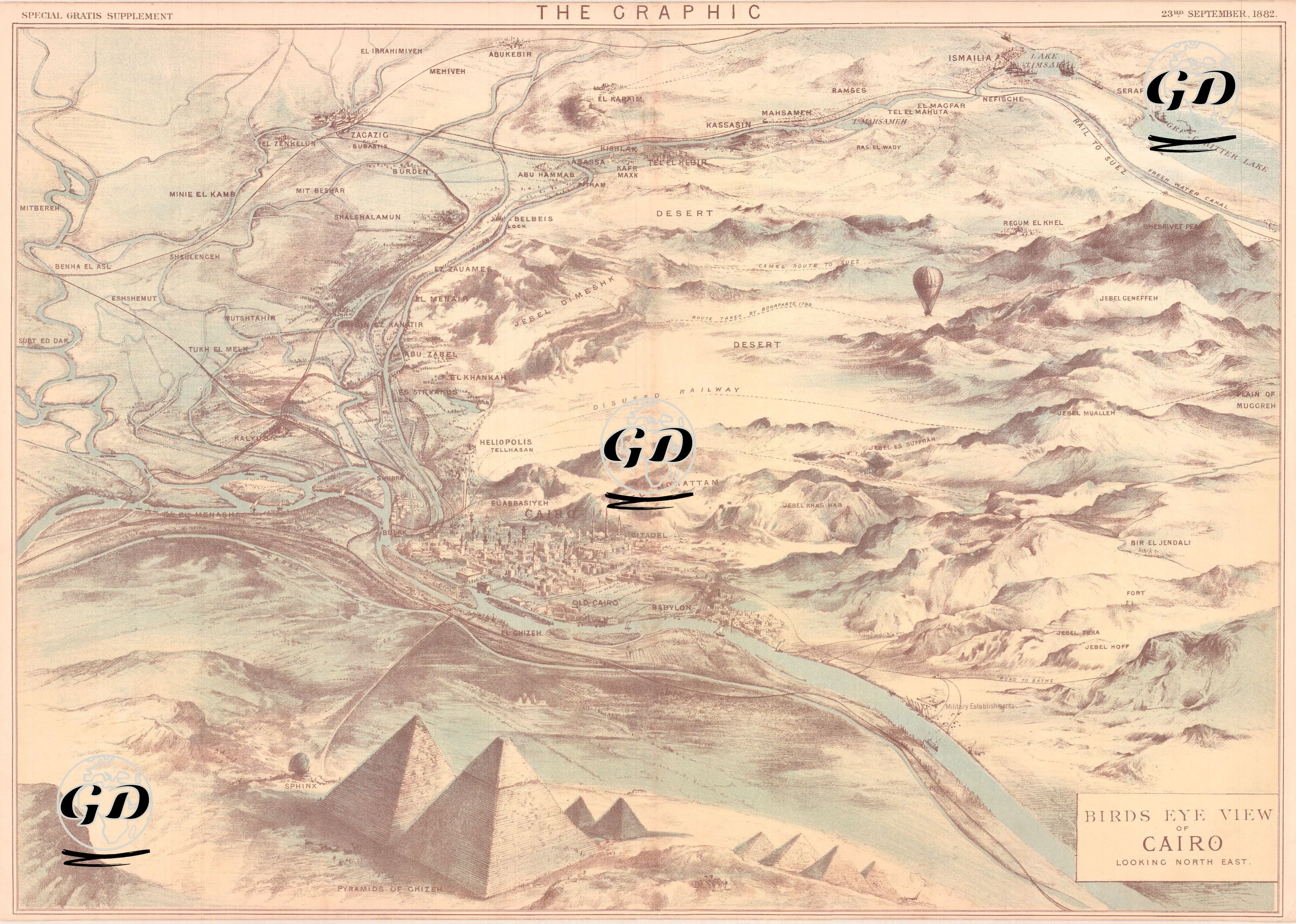 Bird's Eye View of Cairo Looking North East (After the British Occupation of Egypt in 1882) -  - 1882