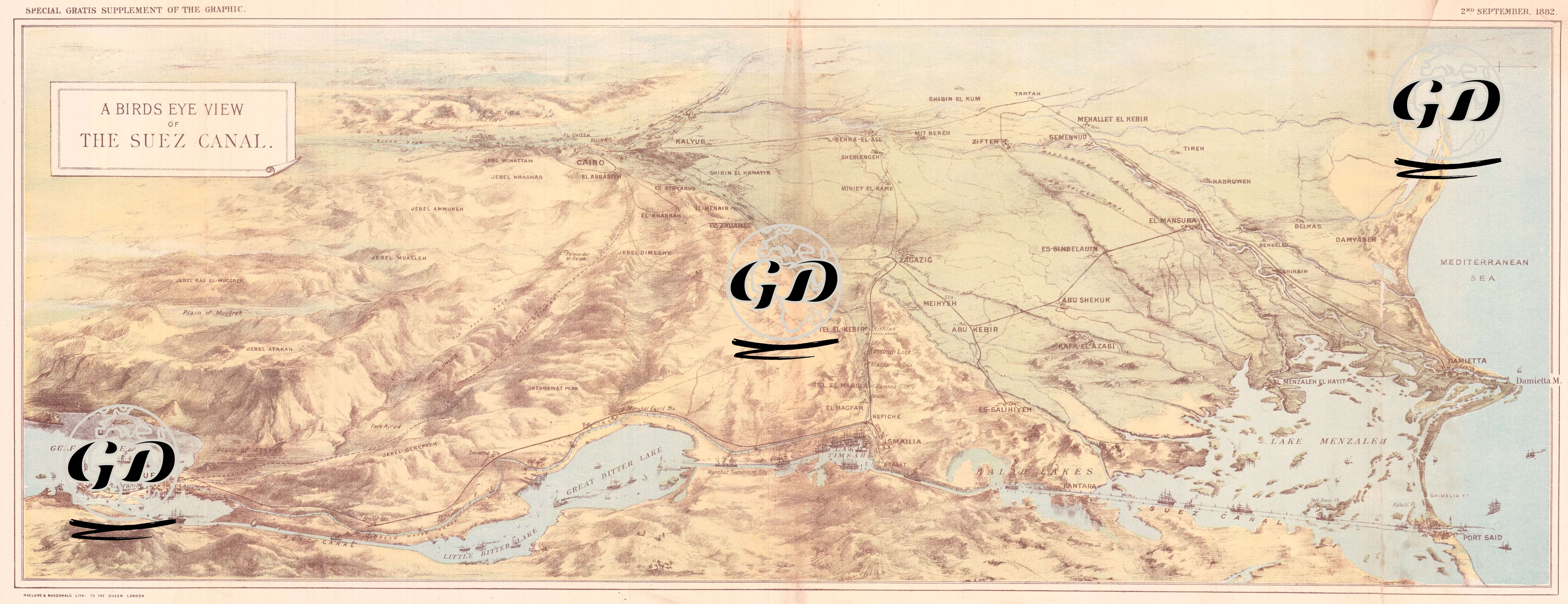 Bird's Eye View of the Suez Canal (After the British Occupation of Egypt in 1882) -  - 1882