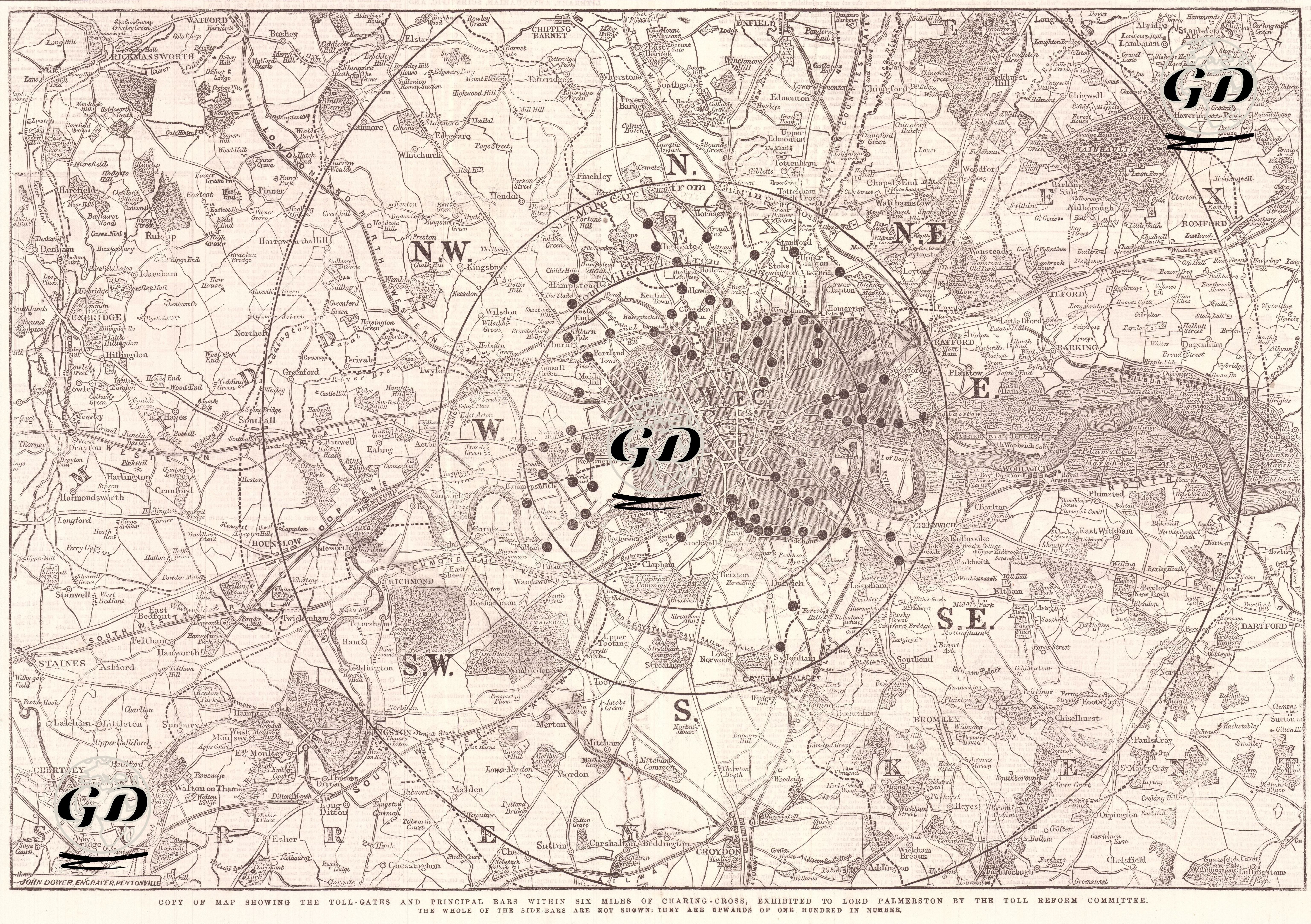 Map Showing the Toll-Gates and Principal Bars within Six Miles of Charing Cross, Exhibited to Lord Palmerston By The Toll Reform Committee -  - 1857