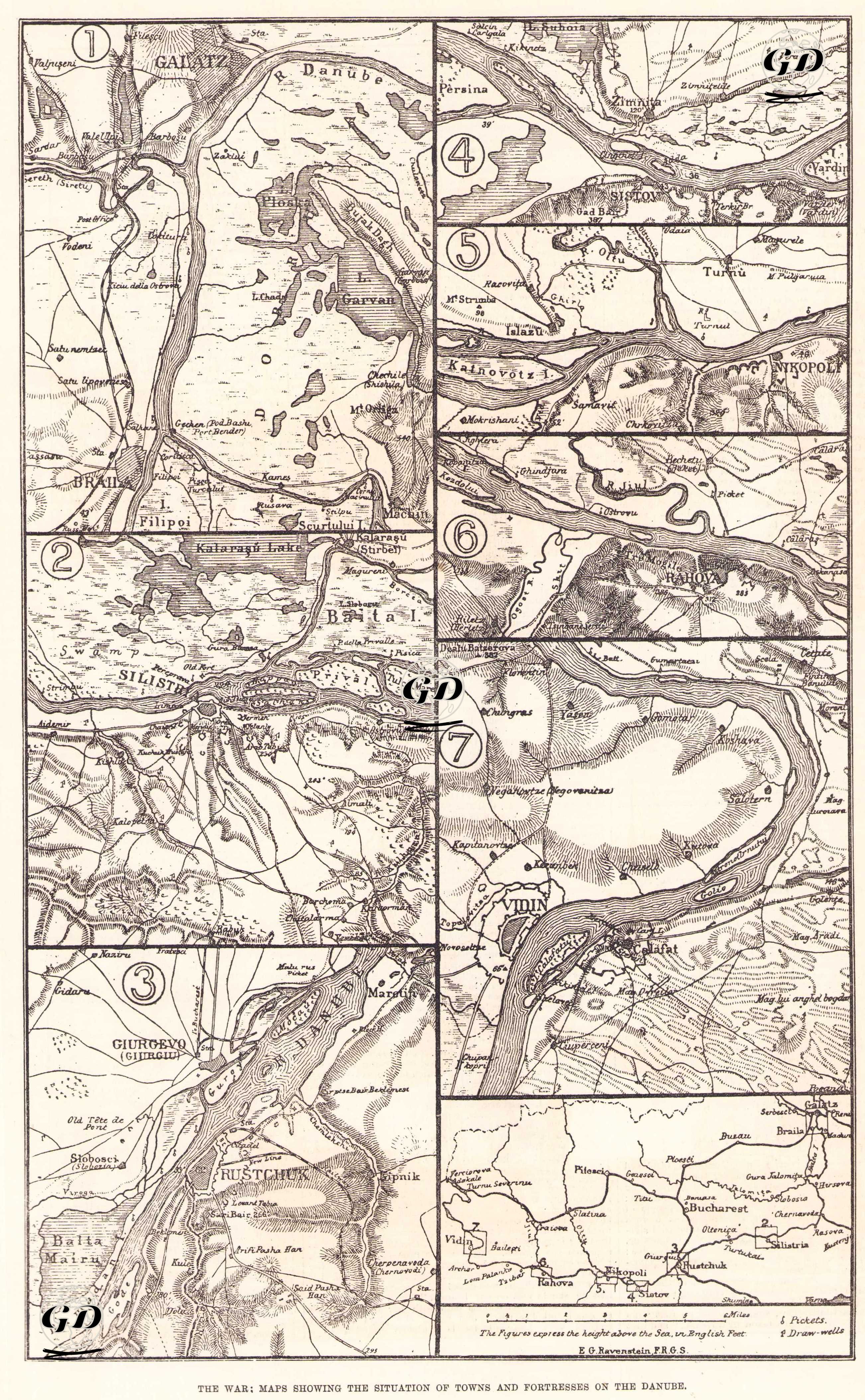 The War: Maps Showing the Situation of Towns and Fortresses on the Danube - Ernst Georg Ravenstein (1834-1913) - 1877