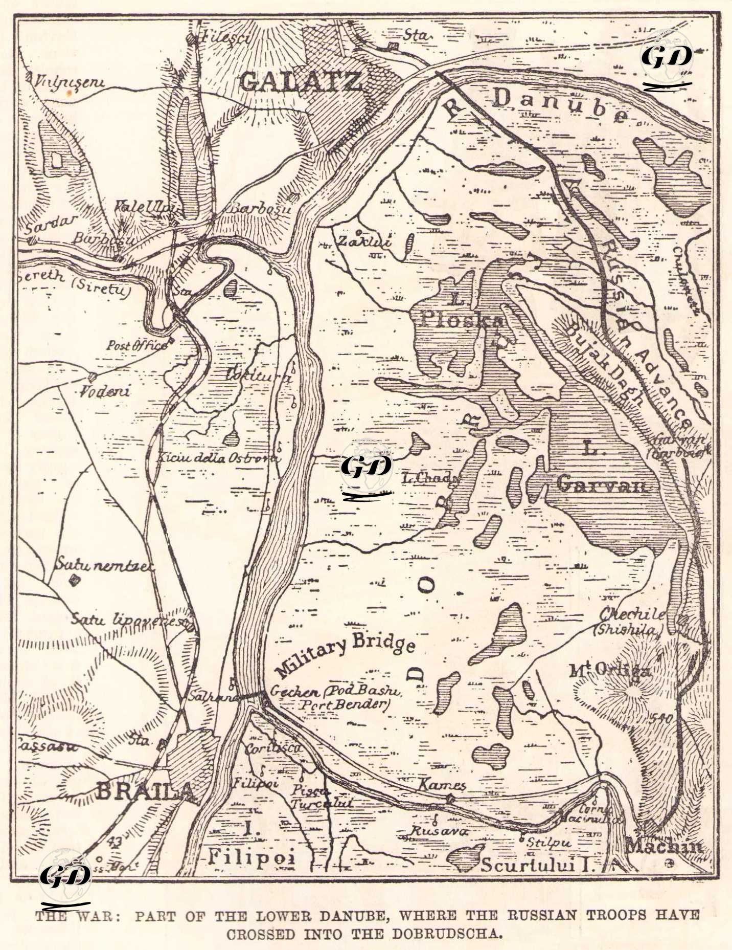 The War: Part of the Lower Danube, Where the Russian Troops Have Crossed into the Dobrudscha -  - 1877