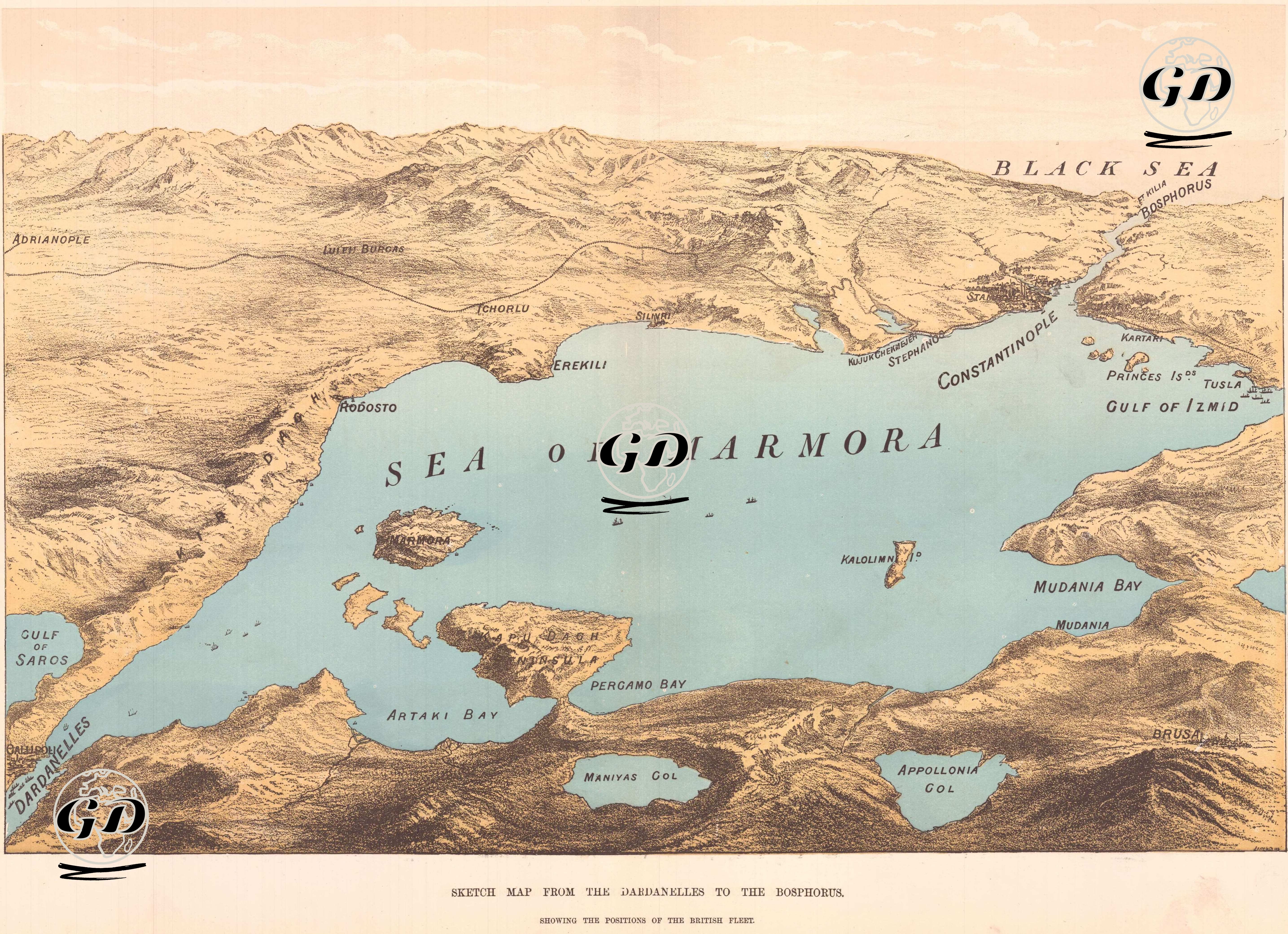 Sketch Map From The Dardanelles To The Bosphorus, Showing the Positions of the British Fleet -  - 1878