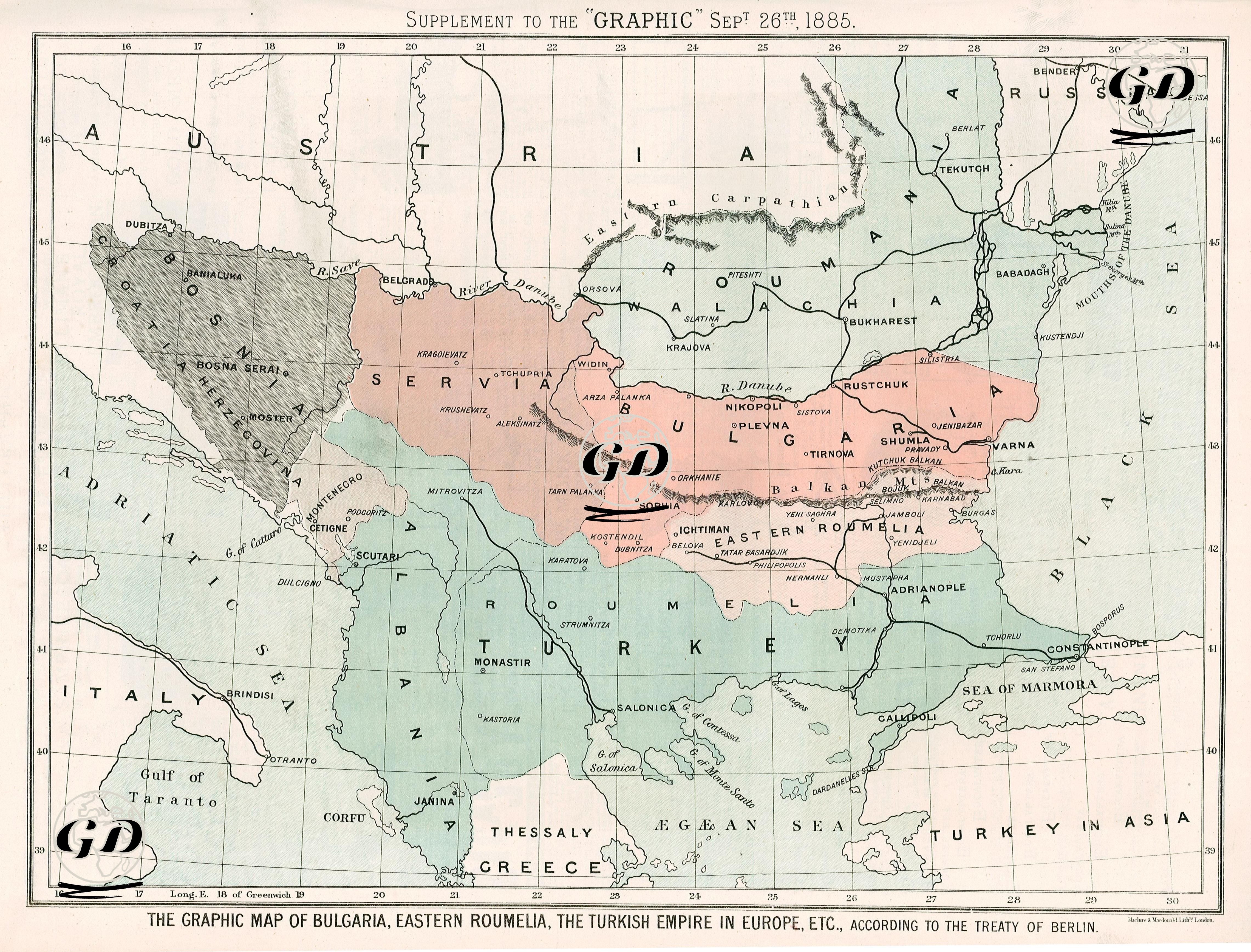 The Graphic Map Of Bulgaria, Eastern Roumelia, The Turkish Empire in Europe etc, According To The Treaty of Berlin -  - 1885