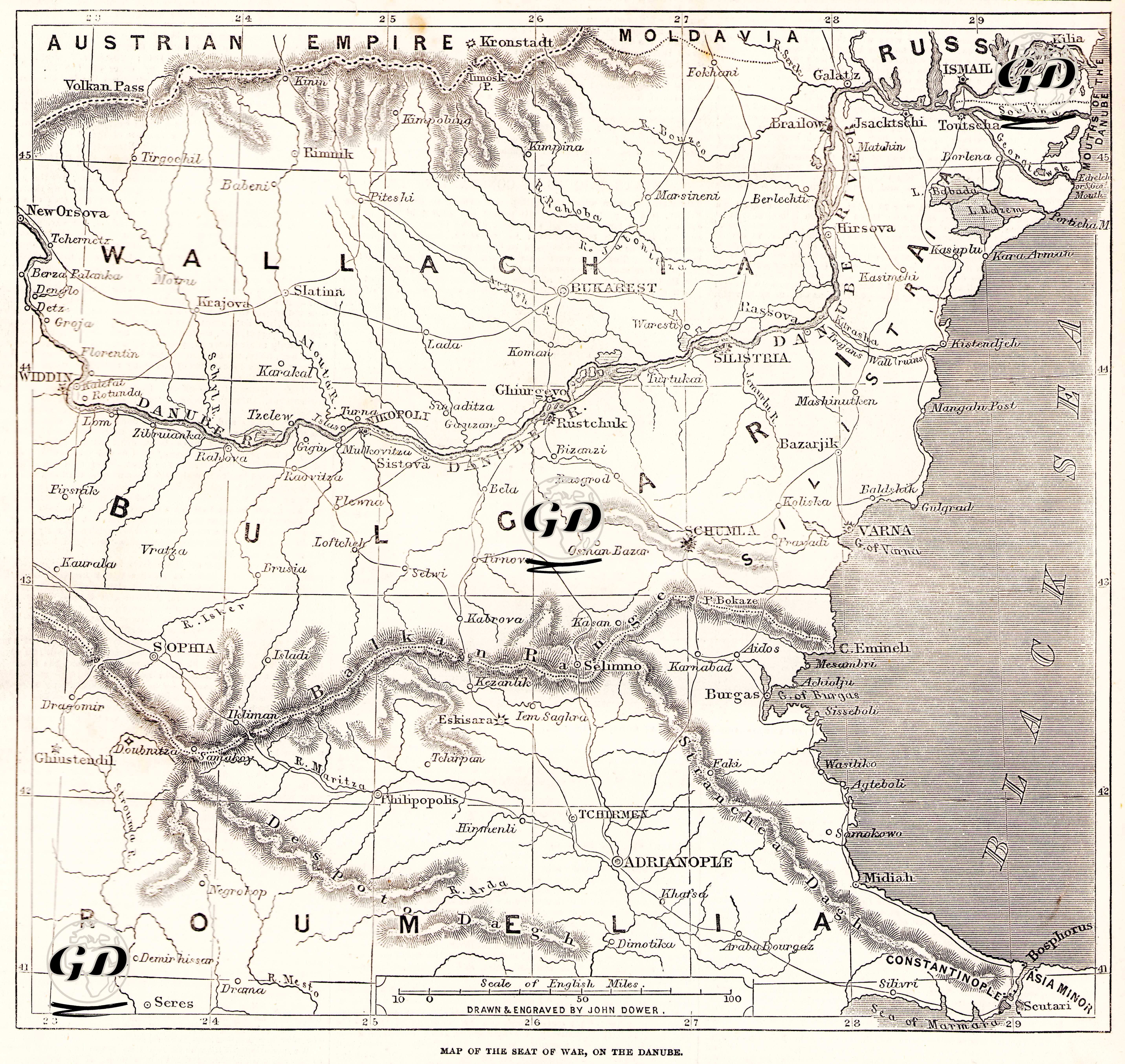 Map Of The Seat Of War, On The  Danube - John James Dower (1825-1901) - 1853