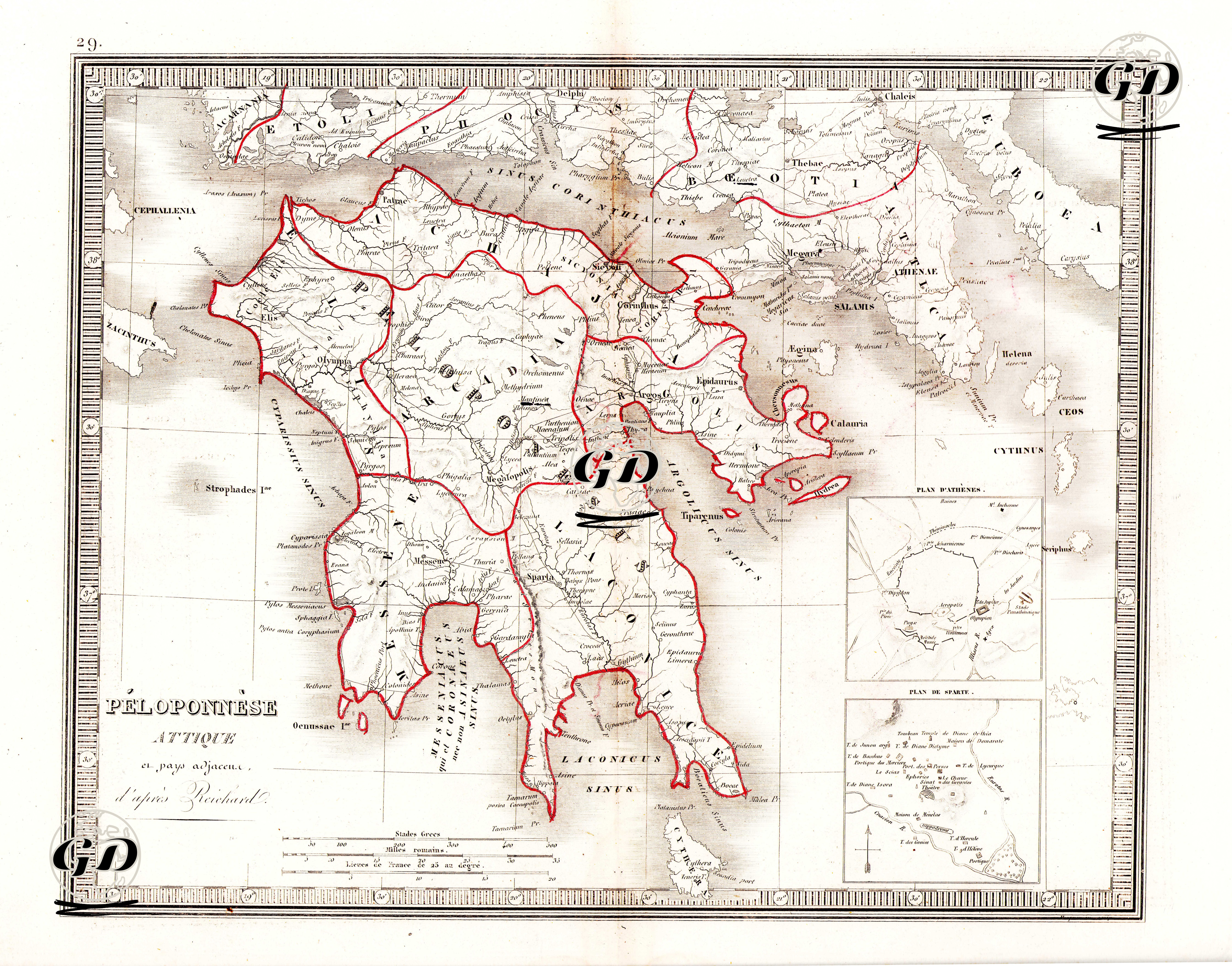 Peloponnese Attique Et Pays Adjacent D'Apres Reichard (Map Of Ancient Peloponnese)-Plan D'Athenes-Plan De Sparte  - Charles V.Monin (Active 1830-1870)-
Christian Gottlieb Reichard (1758-1837) - 1839
