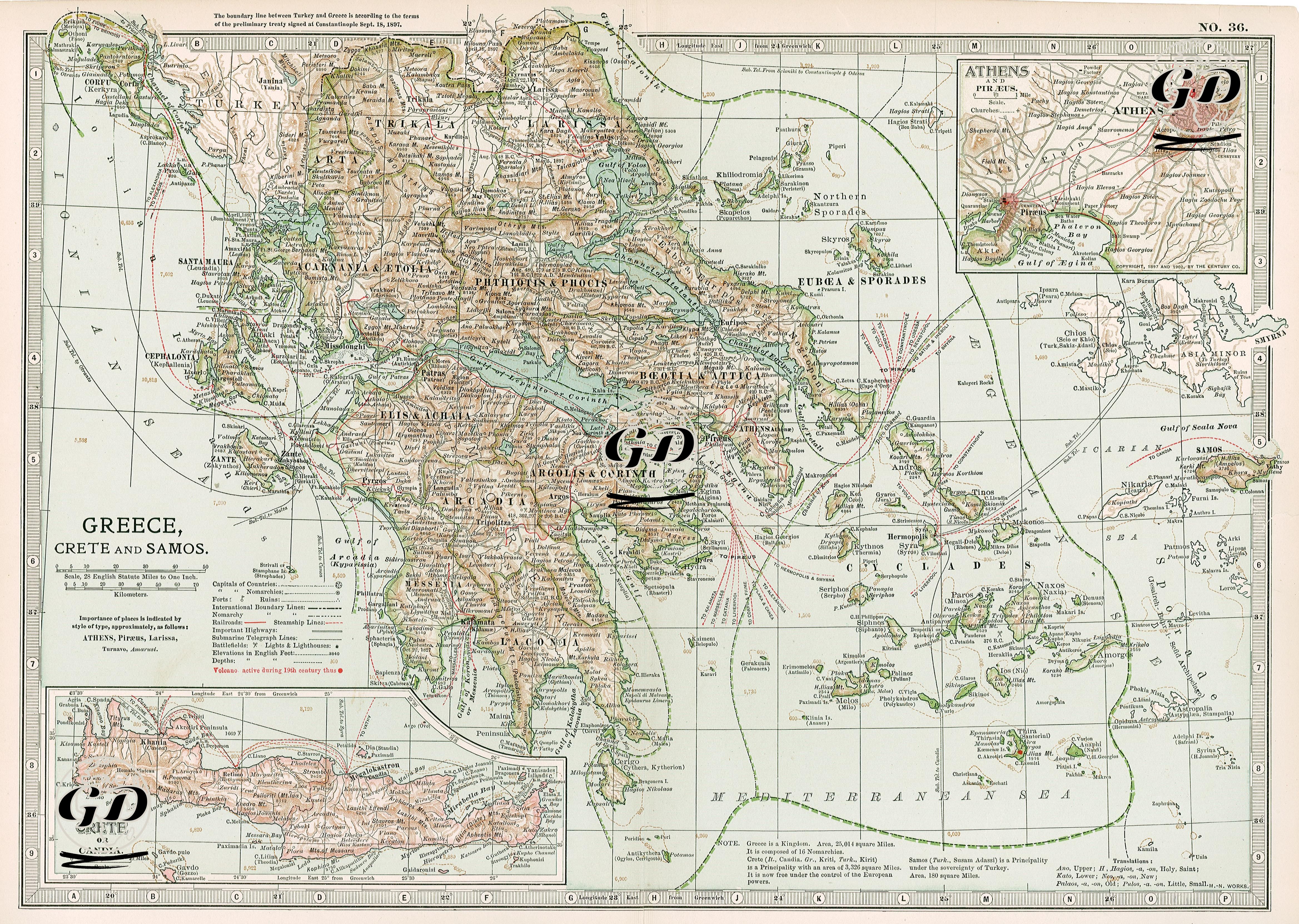 Greece, Crete And Samos-Athens-Crete Or Candia (The Boundary Line Between Turkey And Greece is According To The Terms Of The Preliminary Treaty Signed At Constantinople Sept. 18 1897) -  - 1903