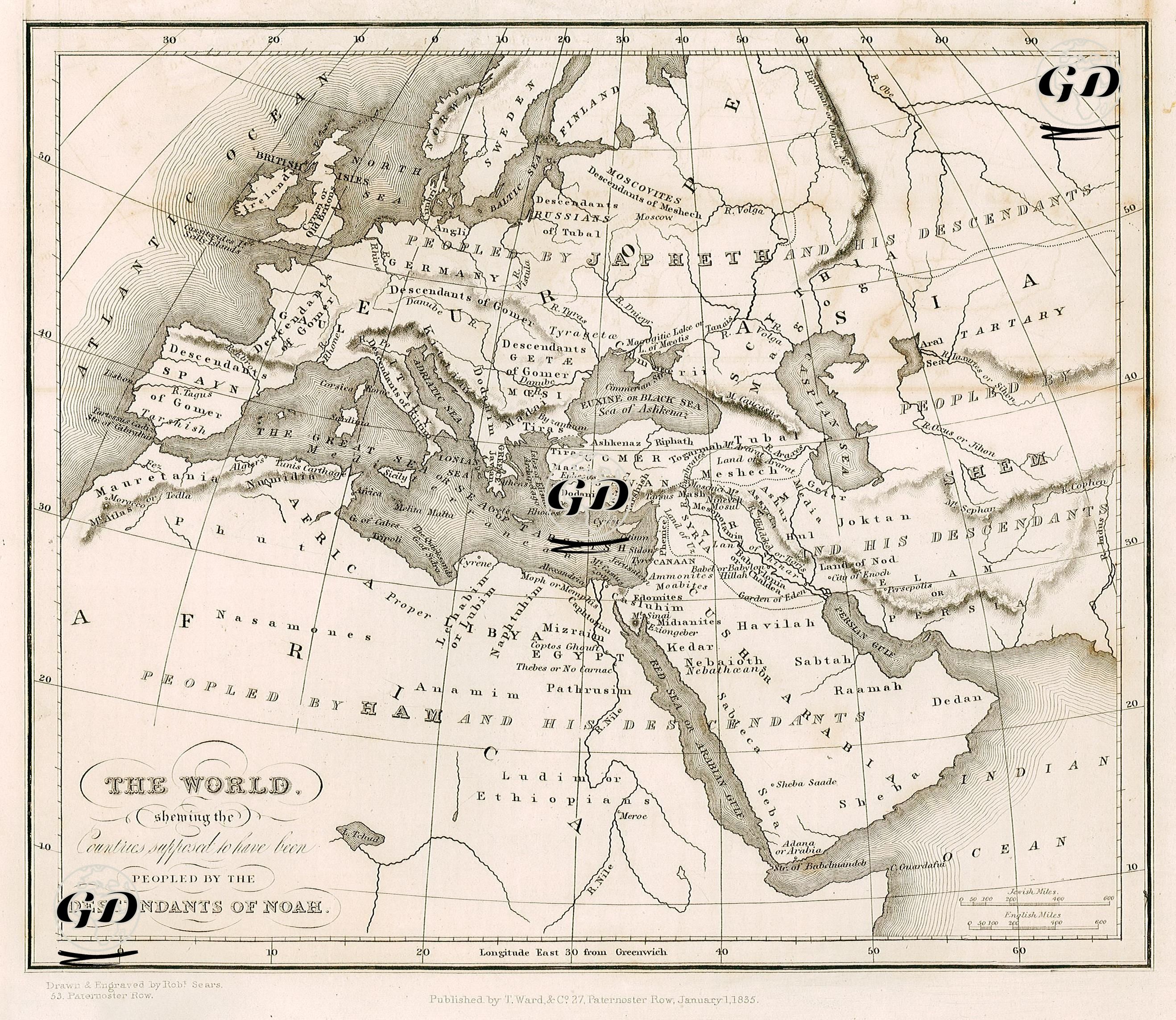 The World, Sheming The Countries Supposed To Have Been Peopled By The Descendants Of Noah - Robert Sears (1810-1892) - 1835