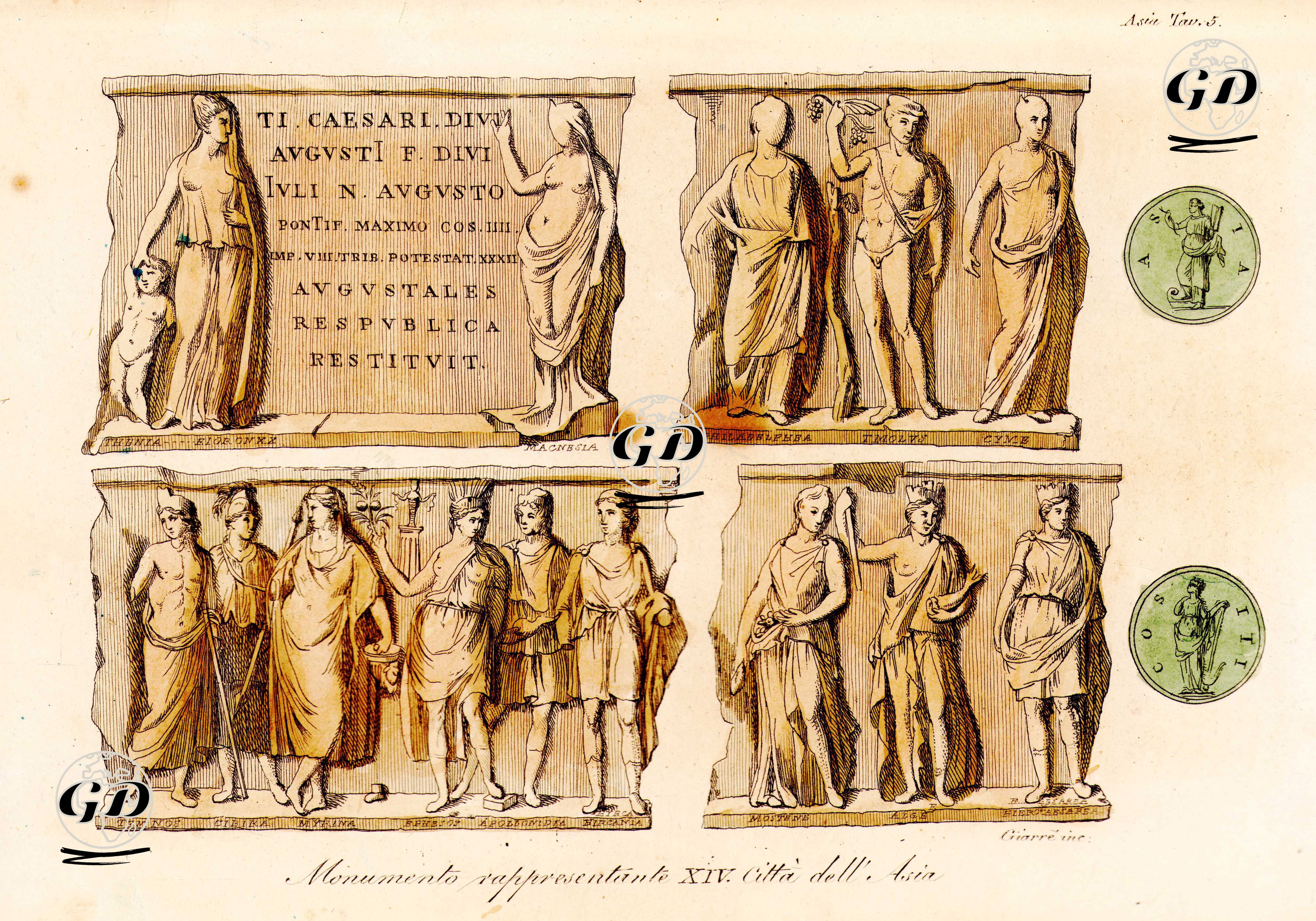 Monumento Rappresento XIV. Citta Dell' Asia, Asia Tav.5. (Monument With Allegorical Statues Representing 14 Ancient Cities of Asia, including Thenia, Magnesia, Philadelphea, Tmolus, Cyme, Temnos, Cybira, Myrina, Ephesos, Apollonidea, Hyrcania, Mostene, Aege And Hierocaesarea) -  - 1820's-1840's
