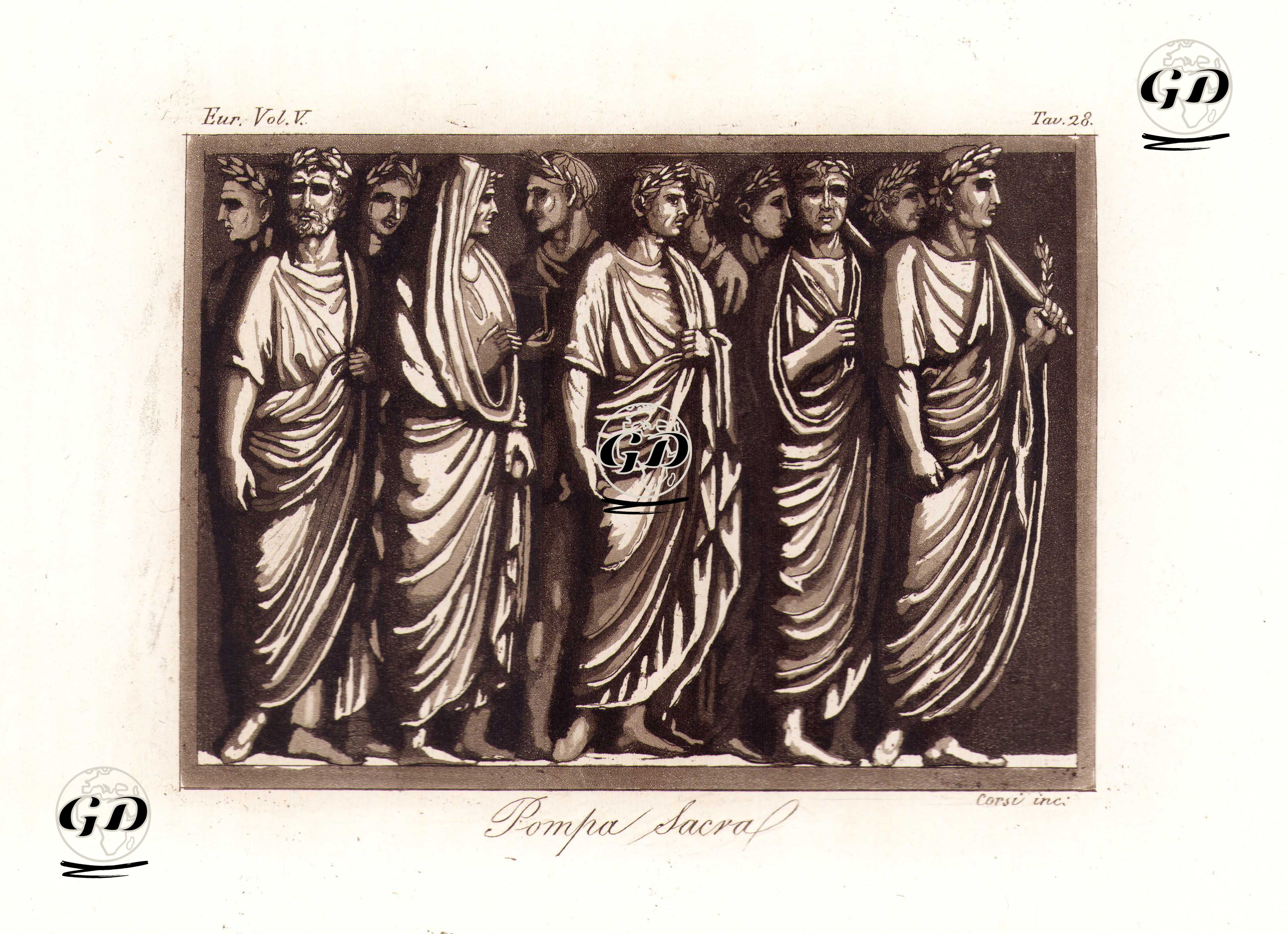 Bir Kurban Töreninde Defne Celengi ve Toga içindeki Romalı Soylularini Gösteren Duvar Rölyefi, Avrupa. Cilt V. Resim 28. -  - 1820's-1840's