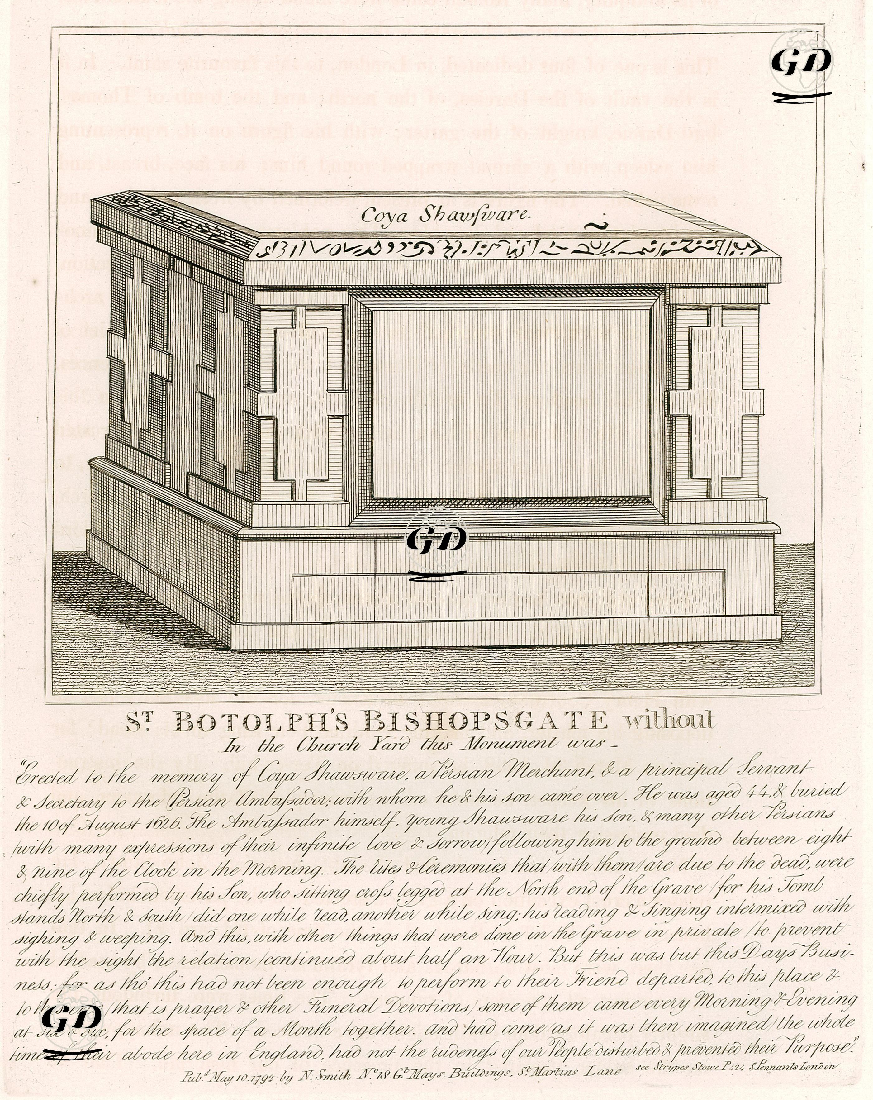 St.Botolph's Bishopsgate Without, in The Church Yard The Monument Was -  - 1792