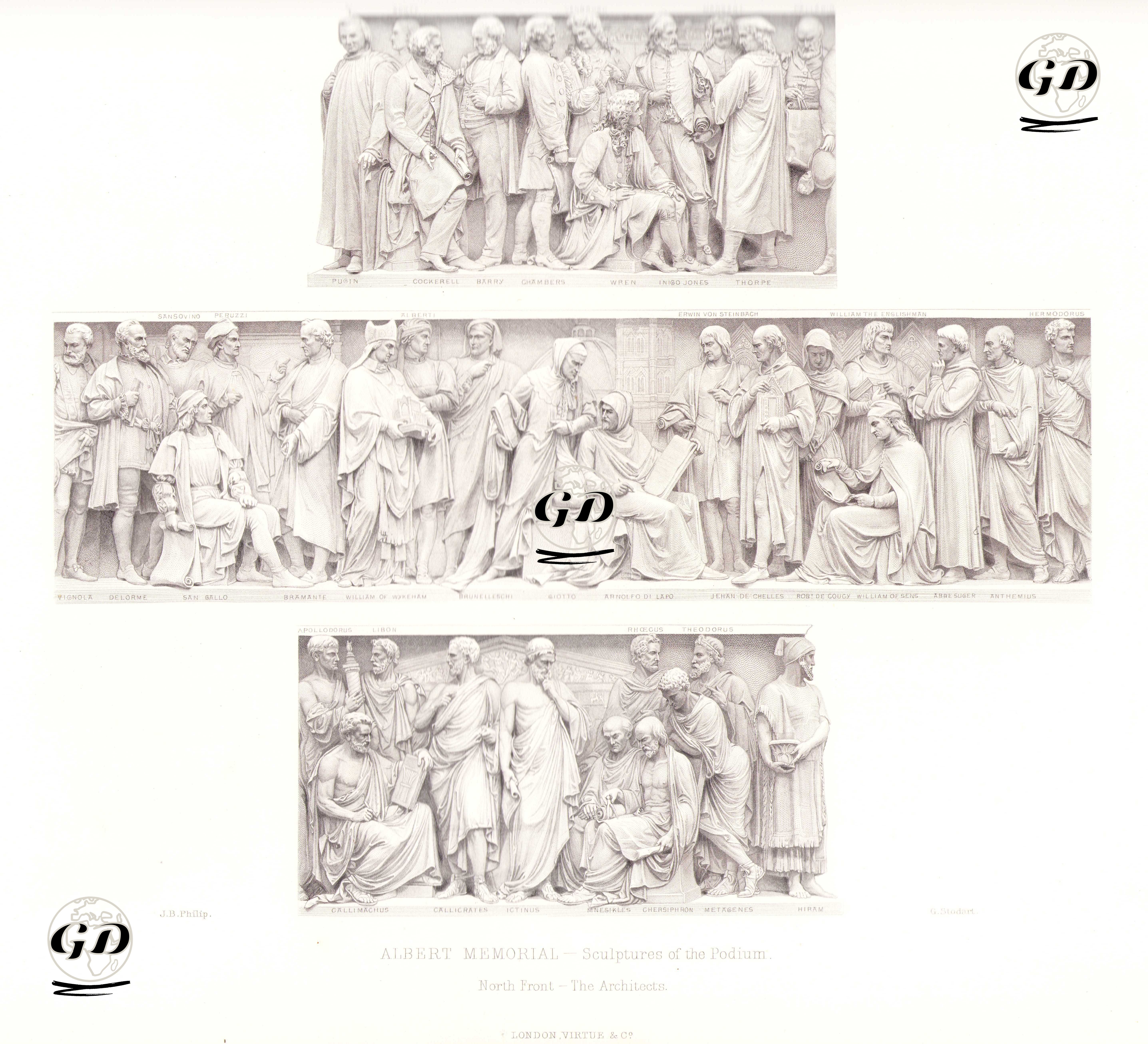 Albert Memorial Anıtı-Kuzey Cephesi Podyum Heykelleri-Mimarlar-Pugin, Scott, Cockerel, Barry, Chambers, Vanbrugh, Wren, Inigo Jeans, Mansart, Thorpe, Palladio, Vignole, Delorme,Sansovino, San Gallo, Peruzzi, Bramante, William Of Wykeham, Alberti, Brunelleschi, Giotto, Arnolfo Di Lapo, Erwin Von Steanbach, Rob. De Cougy, William Of Sens, William The Englishman, Abbe Suger, Anthemius, Hermodorus, Apollodorus, Callimachus, Libon, Callicrates, Ictinus, Mnesiklus, Chersipron, Rhoecus, Metagenes, Theodorus, Hiram - John Birnie Philip (1824-1875) - 1874