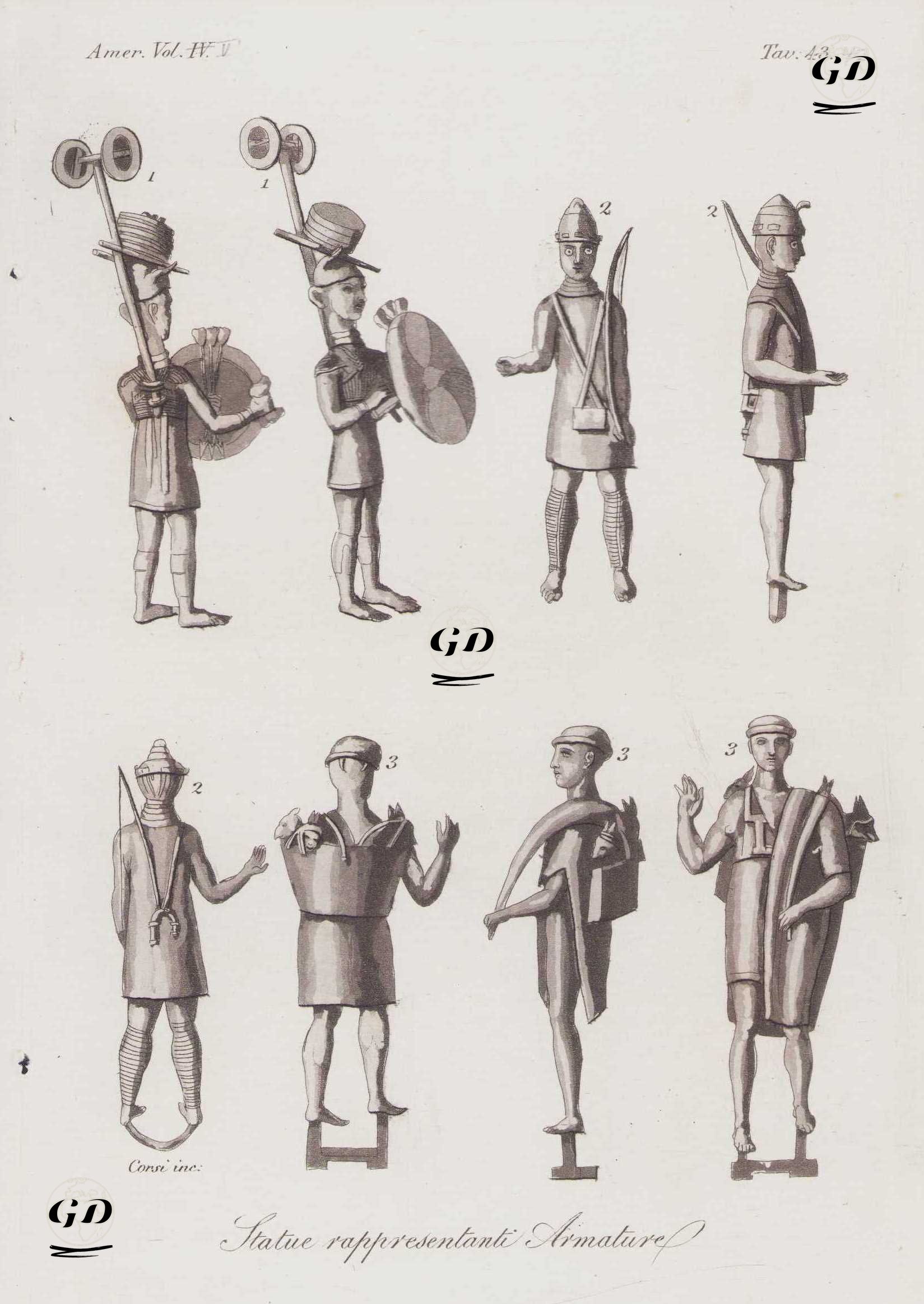 Statue Rappresentanti Armature, Amer. Vol IV. Tav.43. (Statues Representing The Armor of The Soldiers and The Dress of The Inhabitants of Sardinia) -  - 1820's-1840's