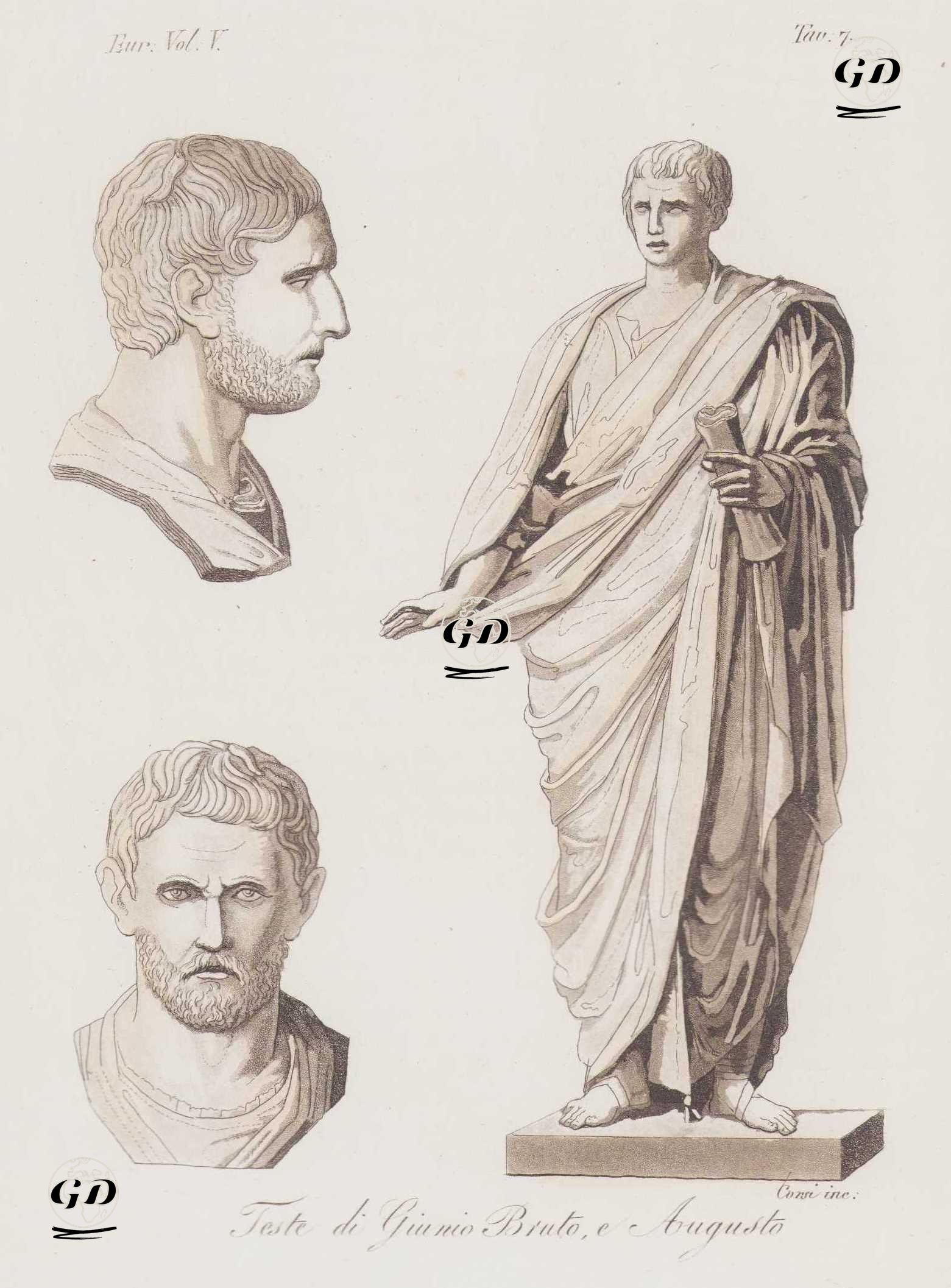 Teste di Giunio Bruto e Augusto, Eur. Vol V. Tav.7. (Statues Of Roman Senator Marcus Junius Brutus And Roman Emperor Caesar Augustus) -  - 1820's-1840's