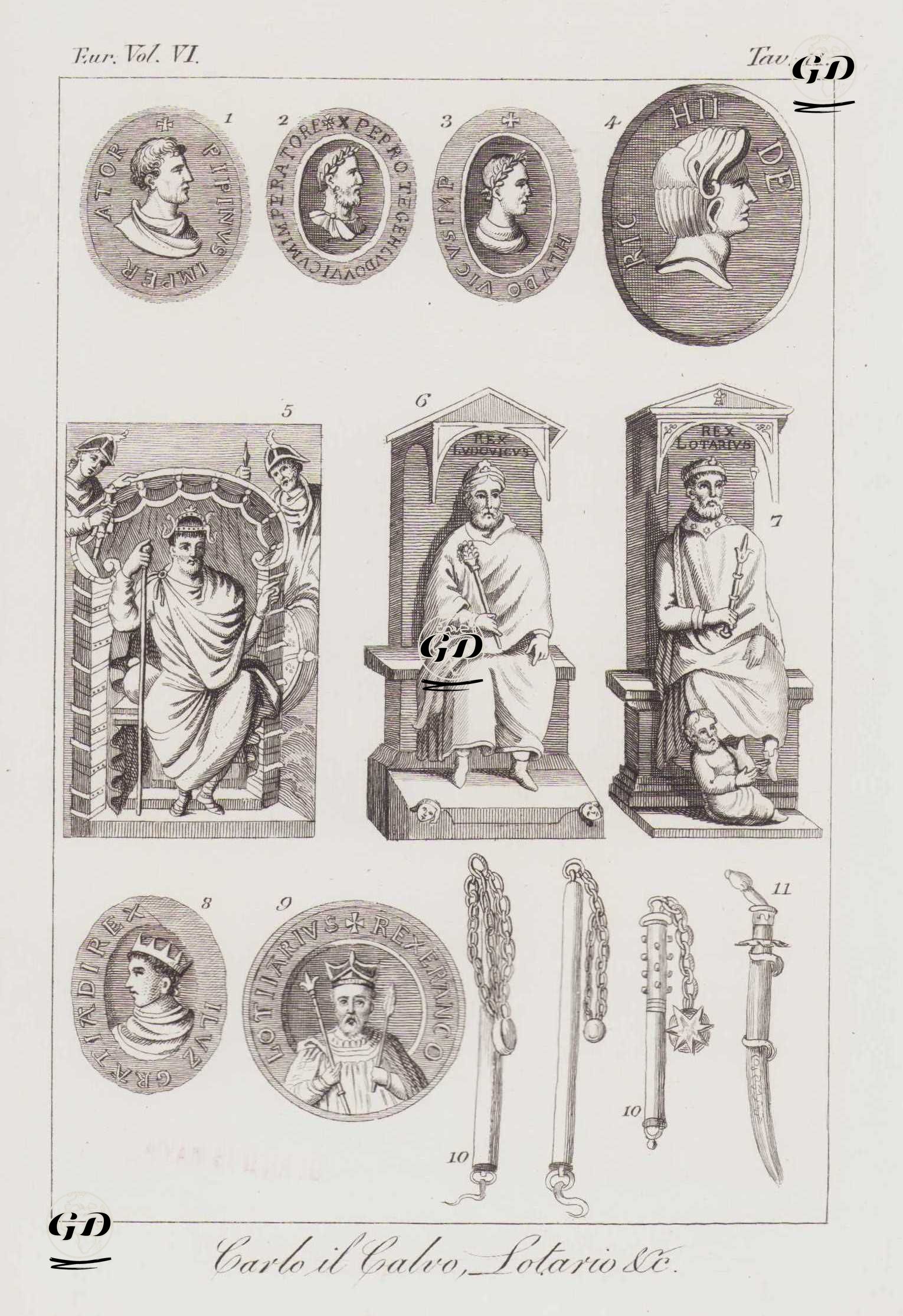 Kutsal Roma Cermen İmparatorları II.Charles (Dazlak Karl) ve I. Lothar'ın Heykelleri, Madalyonlar Ve Gürzler (Topuzlar), Avrupa Cilt VI. Resim 11. -  - 1820's-1840's
