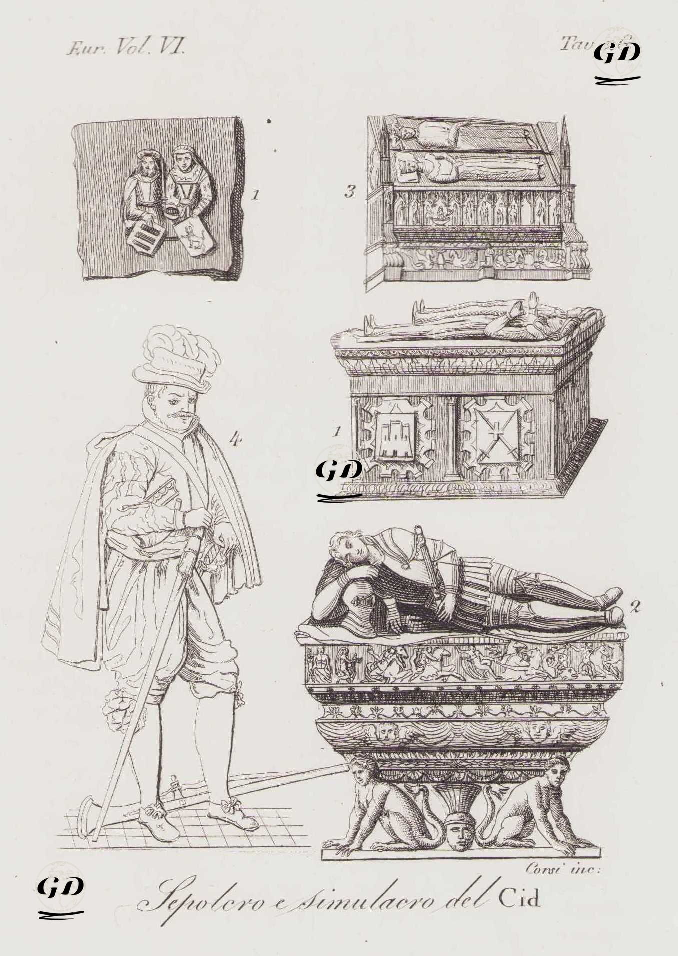 Sepolcro e Simulacro del Cid., Eur. Vol VI. Tav.26. (Tomb and Effigy of Rodrigo Díaz de Vivar El Cid Campeador and His Wife Jimena Diaz (1), Duke of Cardona (2), King of Aragon (3) and Portrait of Conquistador Hernan Cortes (4)) -  - 1820's-1840's