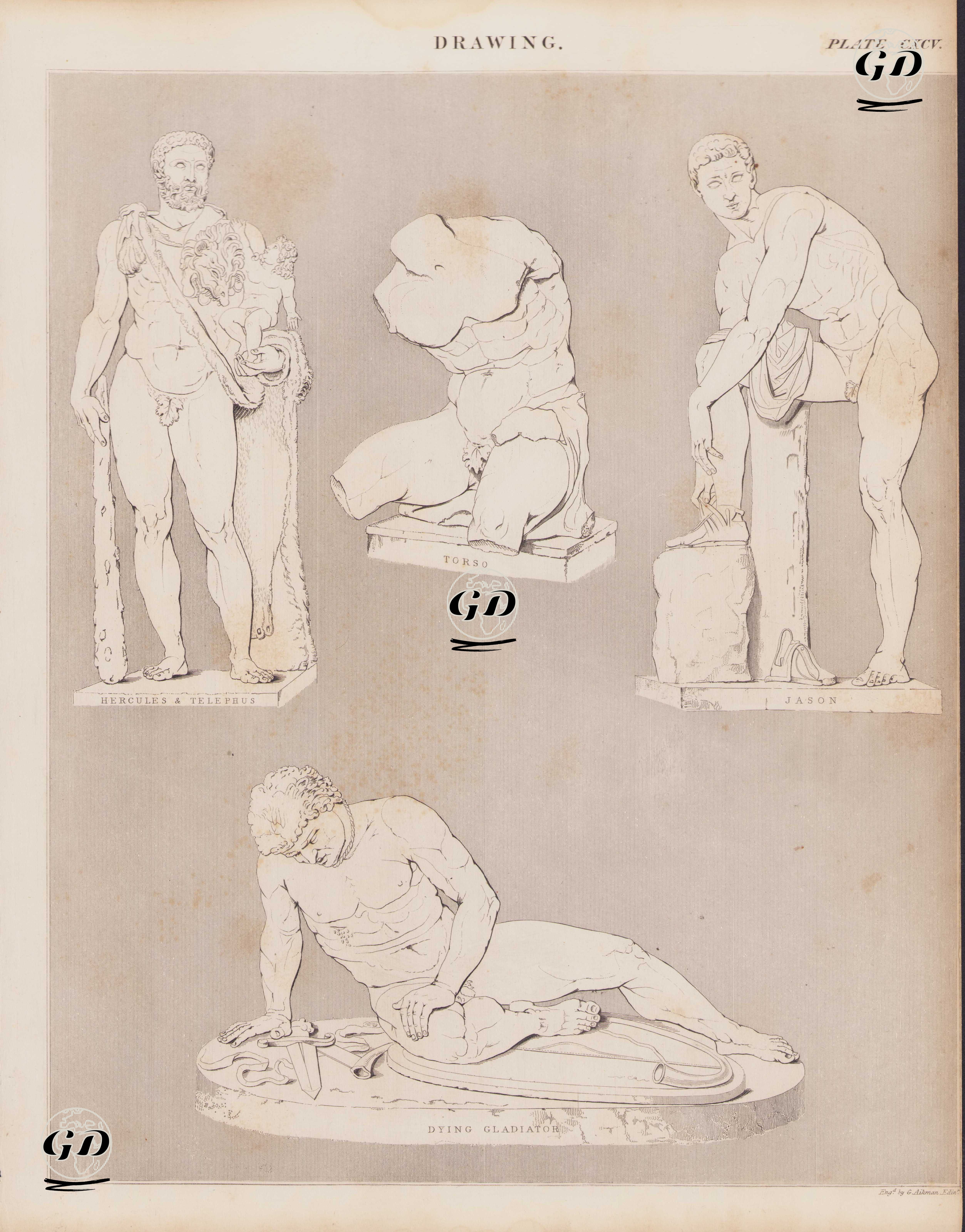 Herakles ve Oğlu Telephus, Torso, Jason, Ölen Bir Gladyatör Heykellerinin Çizimi - Andrew Bell (1726-1809) - 1855
