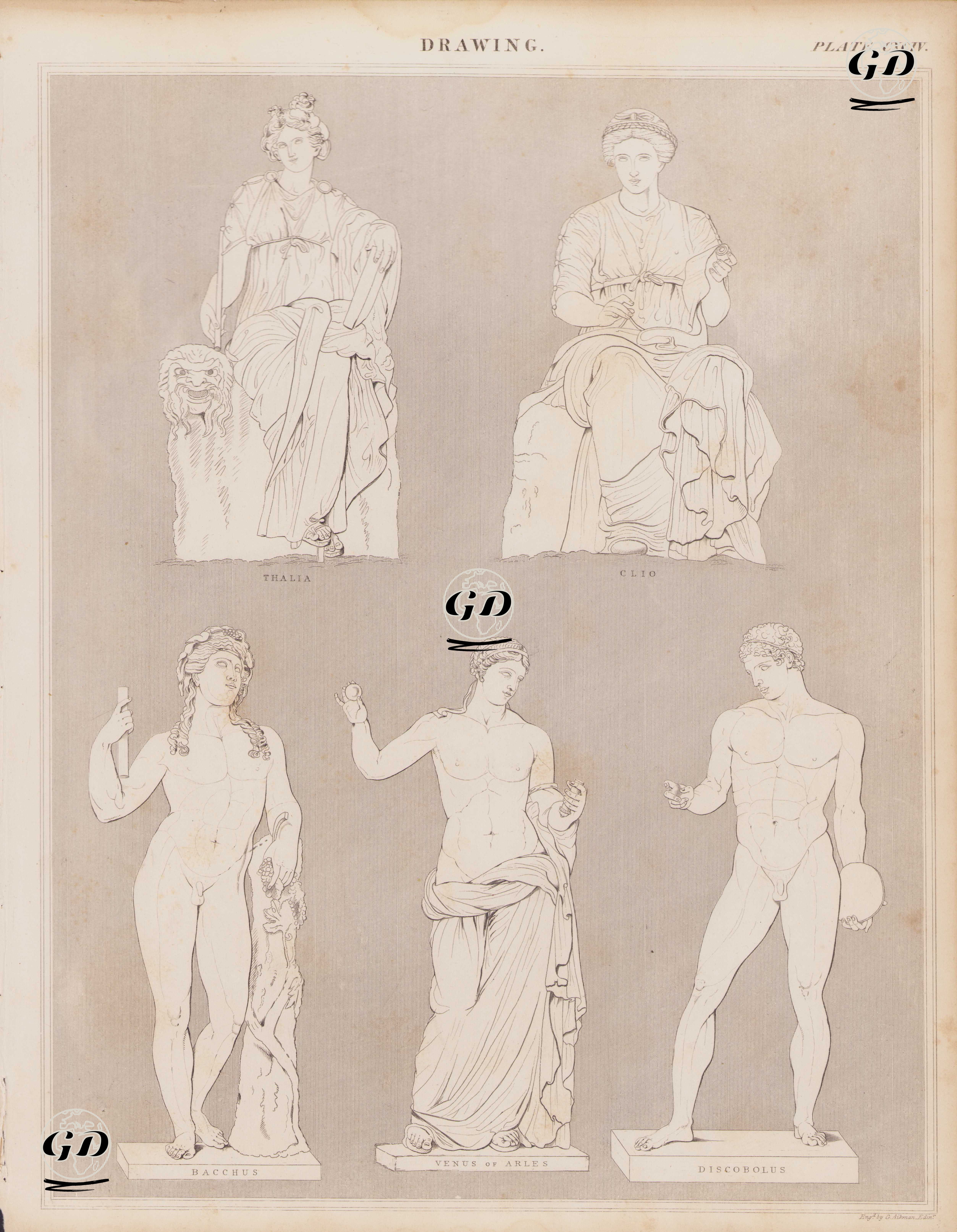 Thalia, Clio, Bacchus, Venus Of Arles, Discobolus, Drawing (Plate CXCIV) - Andrew Bell (1726-1809) - 1855