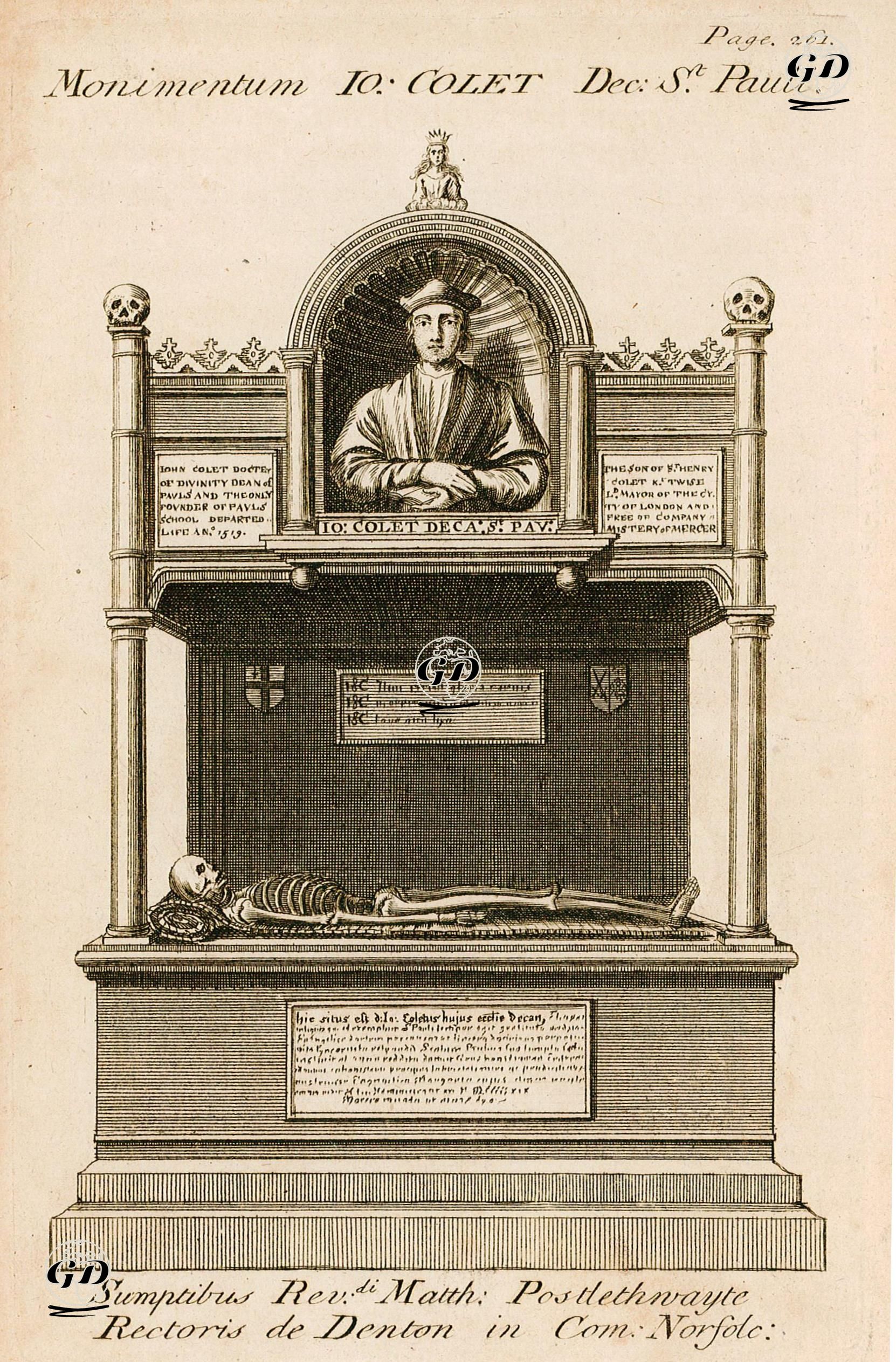 Monimentum IO. Colet Dec St. Pauli (The Monument of John Colet in Old St.Paul's Cathedral) -  - 1800's