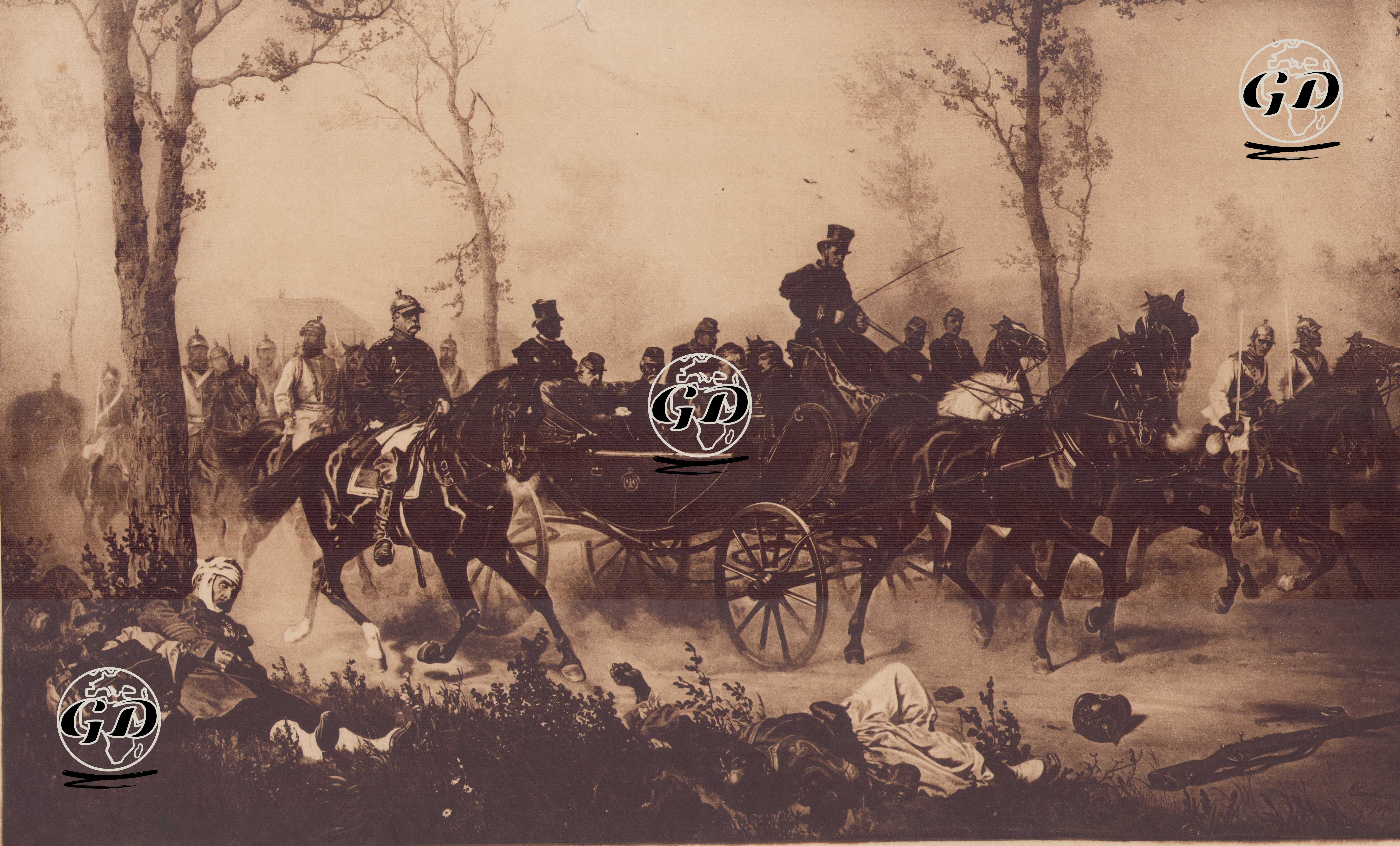 The French Emperor Napoleon III, who was defeated in the Battle of Sedan, was taken to the headquarters of King Wilhelm I by the Prussian Chancellor Otto von Bismarck. - Wilhelm Camphausen (1818-1885) - 1870`s