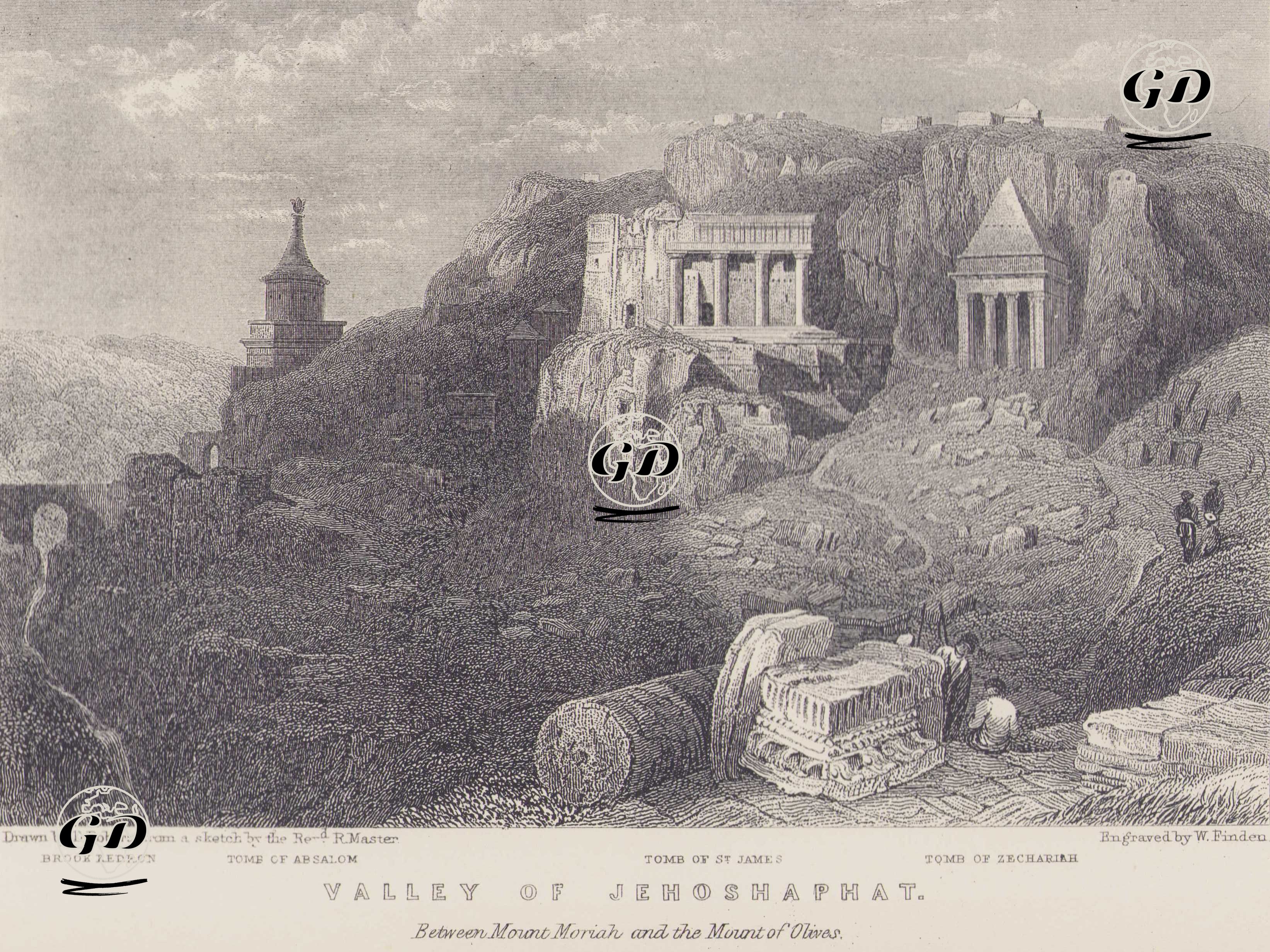 Valley of Jehoshaphat (Between Mount Moriah and Mount of Olives) - Brook Kedron - Tomb of Absalom - Tomb of St.James - Tomb of Zechariah - D.Roberts (after Rev. R.Master) - 1850`s