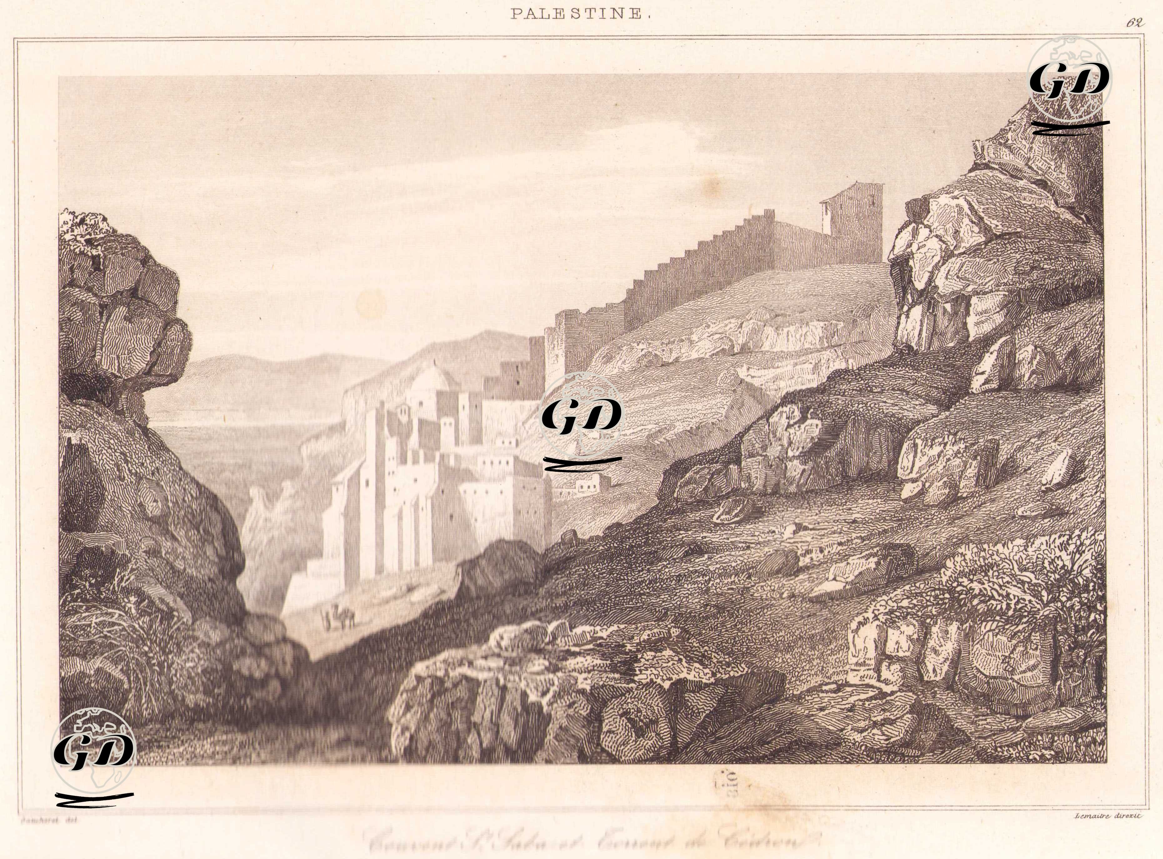 Palestine - Couvent St.Saba et Environs du Cedron (Plate 62) (St. Saba's Convent and Surrounding Area of ​​Cedar) - Leon Gaucherel (1816-1886) - 1845