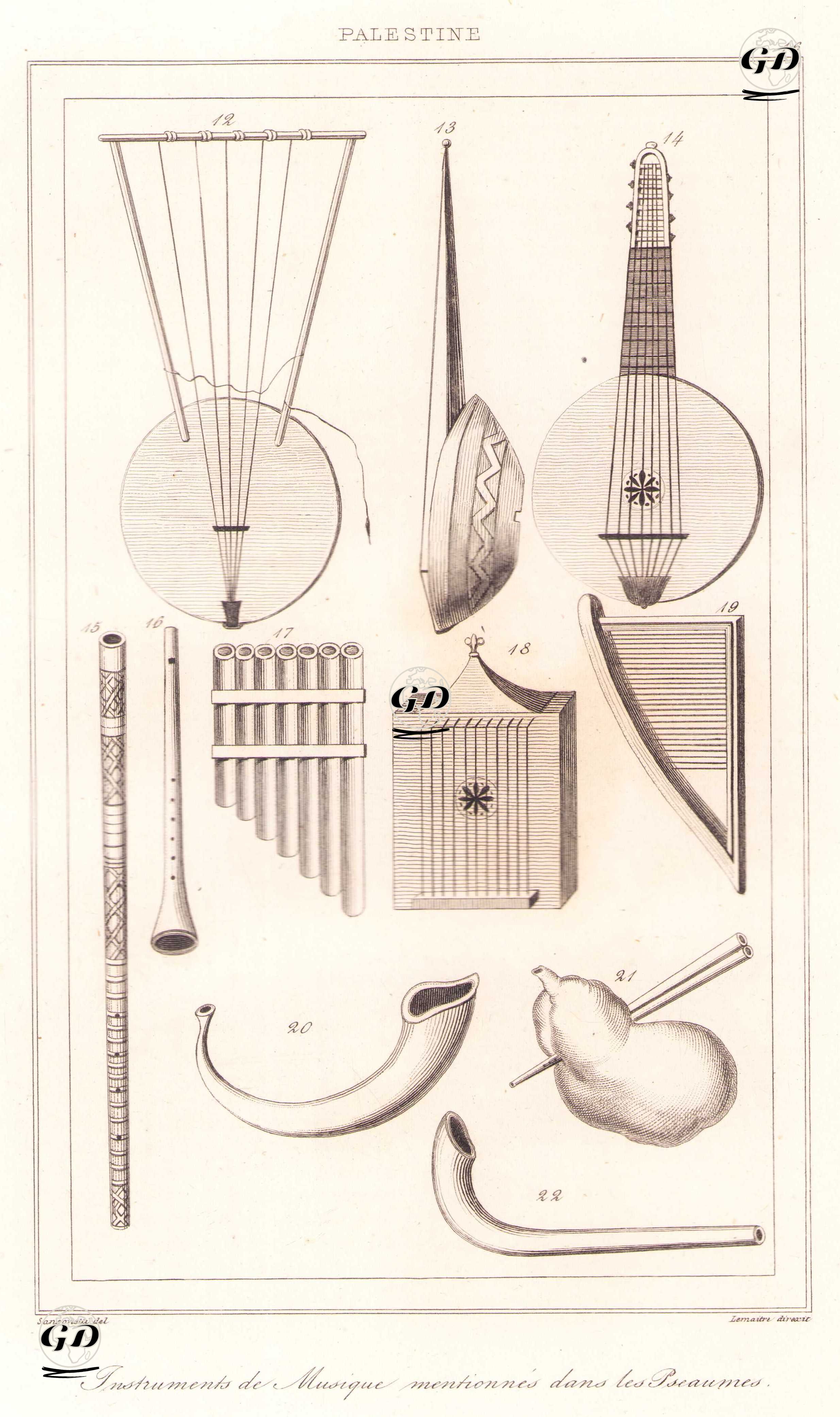 Filistin - İncil’in Eski Ahit Kısmının Mezmurlar Kitabında Zikredilen Müzik Aletleri (Plate 16) - Sansonetti - 1845