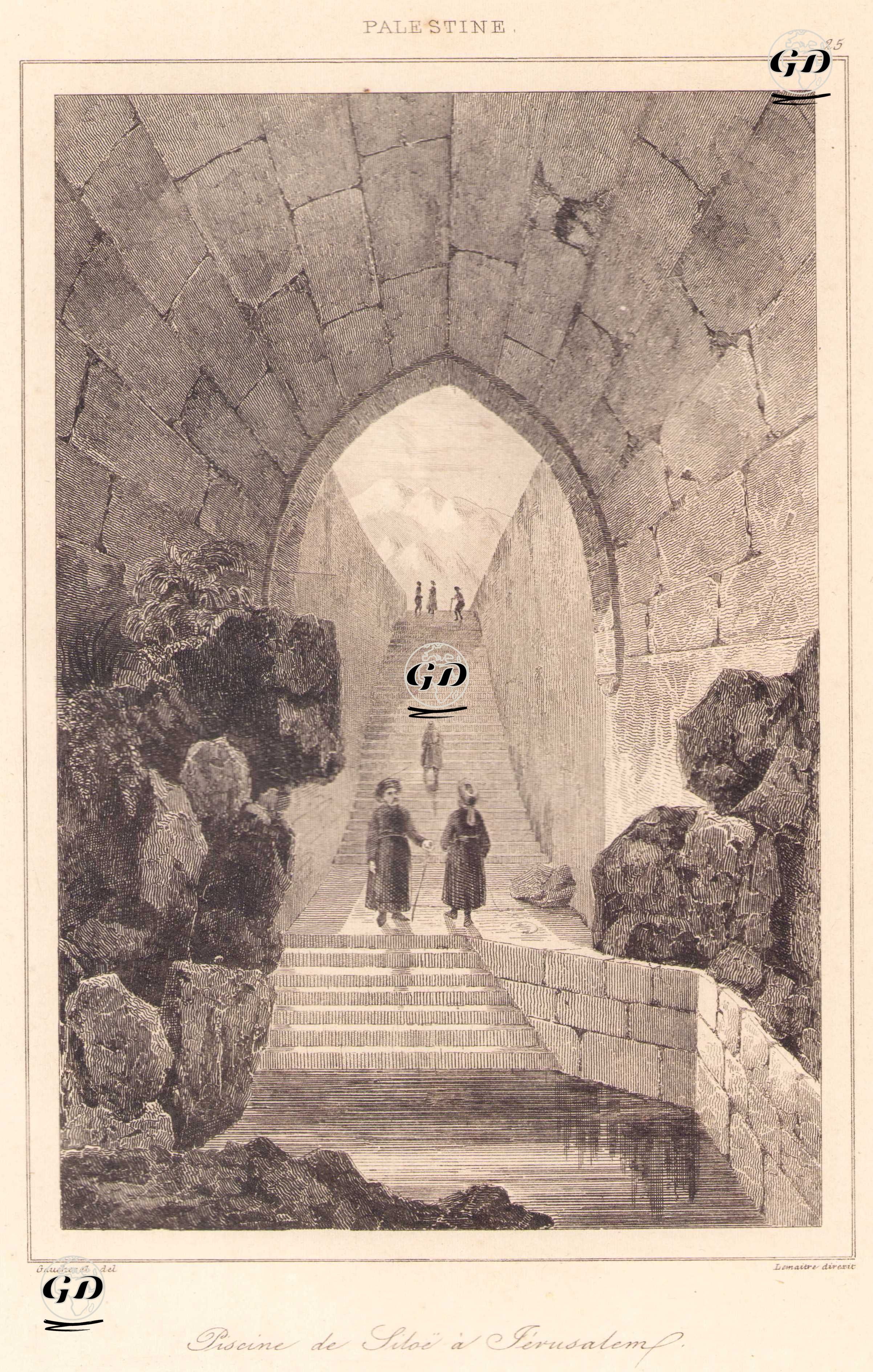 Palestine - Piscine de Siloe a Jerusalem (Plate 25) (The Entrance Stairs to the Pool of Siloam in Jerusalem and the Ancient Passage Connecting to This Structure, the Tunnel of Hezekiah) - Leon Gaucherel (1816-1886) - 1845